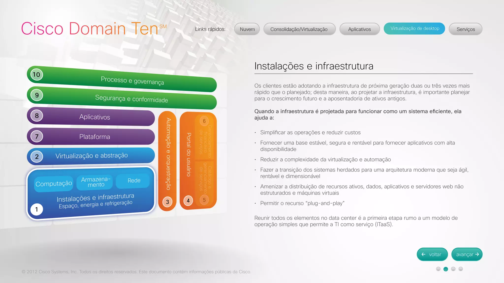 © 2012 Cisco Systems, Inc. Todos os direitos reservados. Este documento contém informações públicas da Cisco. 
Instalações e infraestrutura 
Os clientes estão adotando a infraestrutura de próxima geração duas ou três vezes mais 
rápido que o planejado; desta maneira, ao projetar a infraestrutura, é importante planejar 
para o crescimento futuro e a aposentadoria de ativos antigos. 
Quando a infraestrutura é projetada para funcionar como um sistema eficiente, ela 
ajuda a: 
• Simplificar as operações e reduzir custos 
• Fornecer uma base estável, segura e rentável para fornecer aplicativos com alta 
disponibilidade 
• Reduzir a complexidade da virtualização e automação 
• Fazer a transição dos sistemas herdados para uma arquitetura moderna que seja ágil, 
rentável e dimensionável 
• Amenizar a distribuição de recursos ativos, dados, aplicativos e servidores web não 
estruturados e máquinas virtuais 
• Permitir o recurso “plug-and-play” 
Reunir todos os elementos no data center é a primeira etapa rumo a um modelo de 
operação simples que permite a TI como serviço (ITaaS). 
 