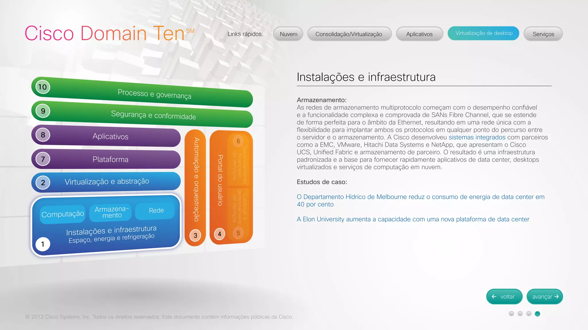 © 2012 Cisco Systems, Inc. Todos os direitos reservados. Este documento contém informações públicas da Cisco. 
Instalações e infraestrutura 
Armazenamento: 
As redes de armazenamento multiprotocolo começam com o desempenho confiável 
e a funcionalidade complexa e comprovada de SANs Fibre Channel, que se estende 
de forma perfeita para o âmbito da Ethernet, resultando em uma rede única com a 
flexibilidade para implantar ambos os protocolos em qualquer ponto do percurso entre 
o servidor e o armazenamento. A Cisco desenvolveu sistemas integrados com parceiros 
como a EMC, VMware, Hitachi Data Systems e NetApp, que apresentam o Cisco 
UCS, Unified Fabric e armazenamento de parceiro. O resultado é uma infraestrutura 
padronizada e a base para fornecer rapidamente aplicativos de data center, desktops 
virtualizados e serviços de computação em nuvem. 
Estudos de caso: 
O Departamento Hídrico de Melbourne reduz o consumo de energia de data center em 
40 por cento 
A Elon University aumenta a capacidade com uma nova plataforma de data center 
 