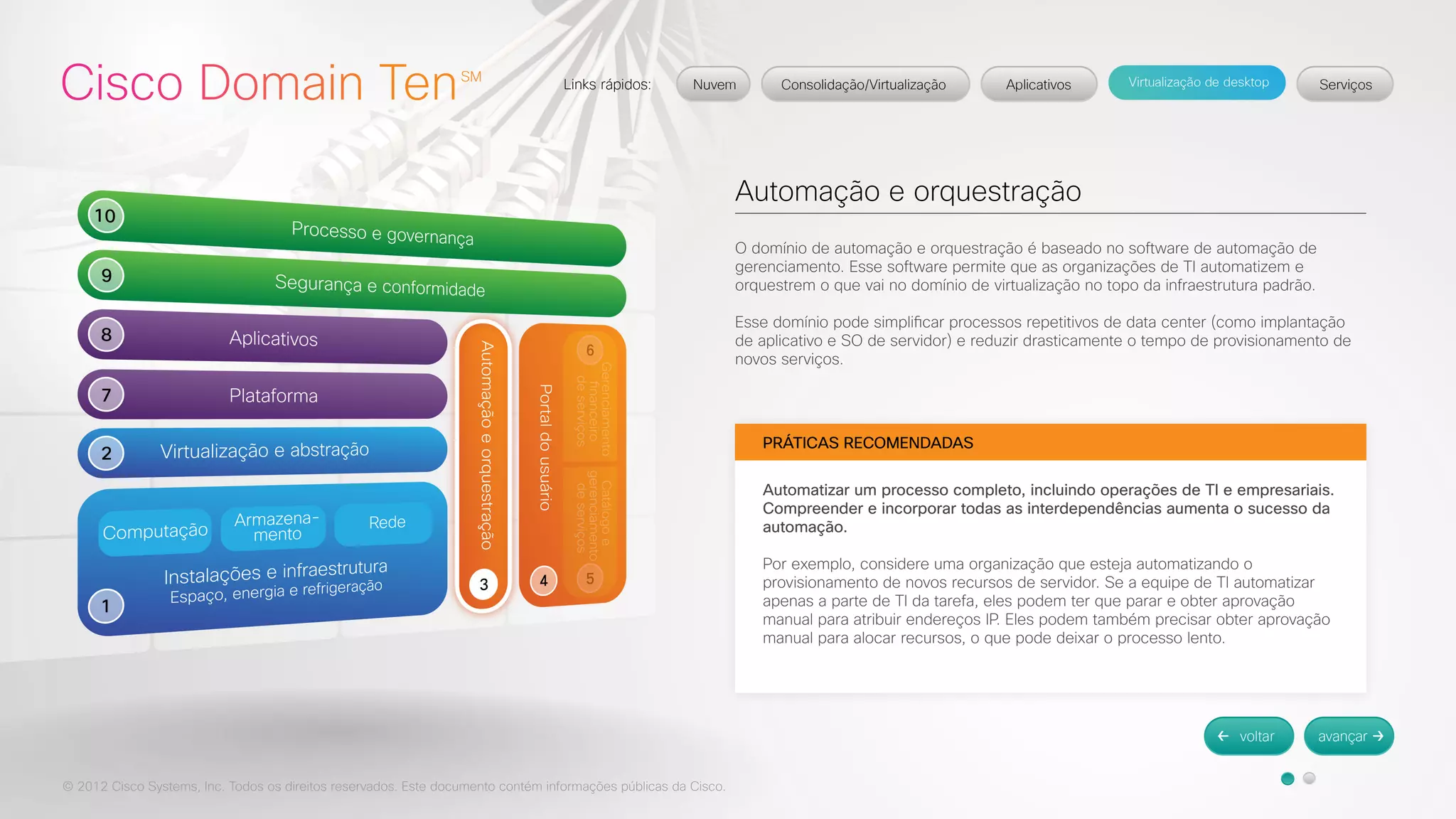 © 2012 Cisco Systems, Inc. Todos os direitos reservados. Este documento contém informações públicas da Cisco. 
Automação e orquestração 
O domínio de automação e orquestração é baseado no software de automação de 
gerenciamento. Esse software permite que as organizações de TI automatizem e 
orquestrem o que vai no domínio de virtualização no topo da infraestrutura padrão. 
Esse domínio pode simplificar processos repetitivos de data center (como implantação 
de aplicativo e SO de servidor) e reduzir drasticamente o tempo de provisionamento de 
novos serviços. 
PRÁTICAS RECOMENDADAS 
Automatizar um processo completo, incluindo operações de TI e empresariais. 
Compreender e incorporar todas as interdependências aumenta o sucesso da 
automação. 
Por exemplo, considere uma organização que esteja automatizando o 
provisionamento de novos recursos de servidor. Se a equipe de TI automatizar 
apenas a parte de TI da tarefa, eles podem ter que parar e obter aprovação 
manual para atribuir endereços IP. Eles podem também precisar obter aprovação 
manual para alocar recursos, o que pode deixar o processo lento. 
 