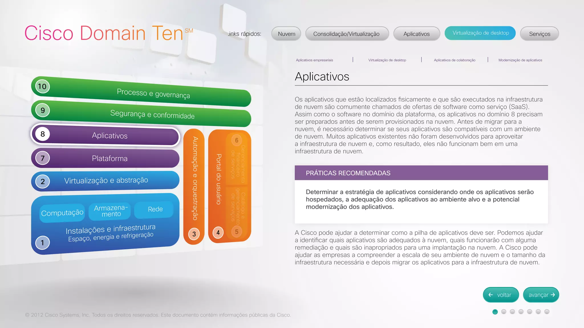 © 2012 Cisco Systems, Inc. Todos os direitos reservados. Este documento contém informações públicas da Cisco. 
Aplicativos 
Os aplicativos que estão localizados fisicamente e que são executados na infraestrutura 
de nuvem são comumente chamados de ofertas de software como serviço (SaaS). 
Assim como o software no domínio da plataforma, os aplicativos no domínio 8 precisam 
ser preparados antes de serem provisionados na nuvem. Antes de migrar para a 
nuvem, é necessário determinar se seus aplicativos são compatíveis com um ambiente 
de nuvem. Muitos aplicativos existentes não foram desenvolvidos para aproveitar 
a infraestrutura de nuvem e, como resultado, eles não funcionam bem em uma 
infraestrutura de nuvem. 
A Cisco pode ajudar a determinar como a pilha de aplicativos deve ser. Podemos ajudar 
a identificar quais aplicativos são adequados à nuvem, quais funcionarão com alguma 
remediação e quais são inapropriados para uma implantação na nuvem. A Cisco pode 
ajudar as empresas a compreender a escala de seu ambiente de nuvem e o tamanho da 
infraestrutura necessária e depois migrar os aplicativos para a infraestrutura de nuvem. 
PRÁTICAS RECOMENDADAS 
Determinar a estratégia de aplicativos considerando onde os aplicativos serão 
hospedados, a adequação dos aplicativos ao ambiente alvo e a potencial 
modernização dos aplicativos. 
 