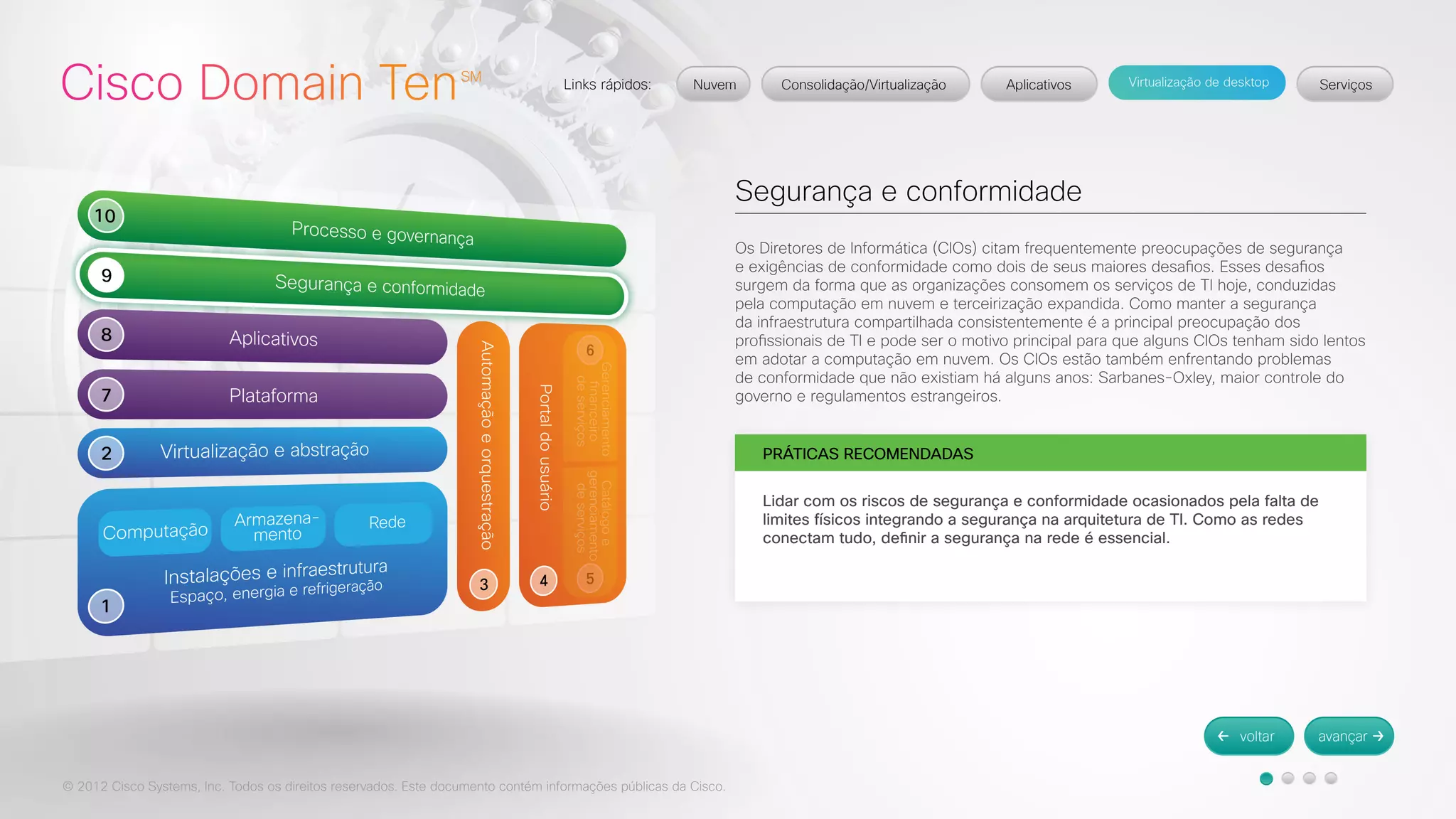 © 2012 Cisco Systems, Inc. Todos os direitos reservados. Este documento contém informações públicas da Cisco. 
Segurança e conformidade 
Os Diretores de Informática (CIOs) citam frequentemente preocupações de segurança 
e exigências de conformidade como dois de seus maiores desafios. Esses desafios 
surgem da forma que as organizações consomem os serviços de TI hoje, conduzidas 
pela computação em nuvem e terceirização expandida. Como manter a segurança 
da infraestrutura compartilhada consistentemente é a principal preocupação dos 
profissionais de TI e pode ser o motivo principal para que alguns CIOs tenham sido lentos 
em adotar a computação em nuvem. Os CIOs estão também enfrentando problemas 
de conformidade que não existiam há alguns anos: Sarbanes-Oxley, maior controle do 
governo e regulamentos estrangeiros. 
PRÁTICAS RECOMENDADAS 
Lidar com os riscos de segurança e conformidade ocasionados pela falta de 
limites físicos integrando a segurança na arquitetura de TI. Como as redes 
conectam tudo, definir a segurança na rede é essencial. 
 