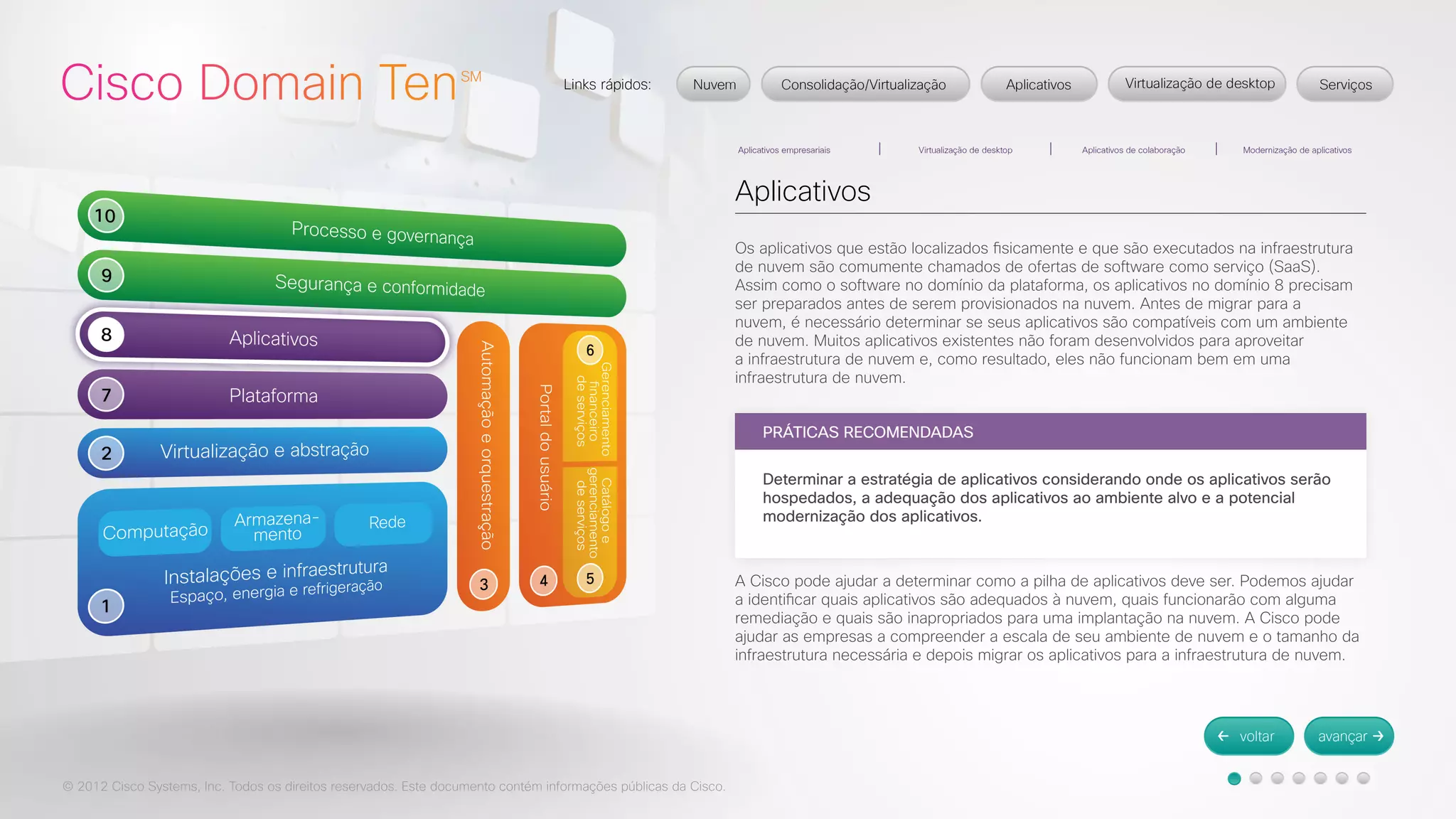 © 2012 Cisco Systems, Inc. Todos os direitos reservados. Este documento contém informações públicas da Cisco. 
Aplicativos 
Os aplicativos que estão localizados fisicamente e que são executados na infraestrutura 
de nuvem são comumente chamados de ofertas de software como serviço (SaaS). 
Assim como o software no domínio da plataforma, os aplicativos no domínio 8 precisam 
ser preparados antes de serem provisionados na nuvem. Antes de migrar para a 
nuvem, é necessário determinar se seus aplicativos são compatíveis com um ambiente 
de nuvem. Muitos aplicativos existentes não foram desenvolvidos para aproveitar 
a infraestrutura de nuvem e, como resultado, eles não funcionam bem em uma 
infraestrutura de nuvem. 
A Cisco pode ajudar a determinar como a pilha de aplicativos deve ser. Podemos ajudar 
a identificar quais aplicativos são adequados à nuvem, quais funcionarão com alguma 
remediação e quais são inapropriados para uma implantação na nuvem. A Cisco pode 
ajudar as empresas a compreender a escala de seu ambiente de nuvem e o tamanho da 
infraestrutura necessária e depois migrar os aplicativos para a infraestrutura de nuvem. 
PRÁTICAS RECOMENDADAS 
Determinar a estratégia de aplicativos considerando onde os aplicativos serão 
hospedados, a adequação dos aplicativos ao ambiente alvo e a potencial 
modernização dos aplicativos. 
 