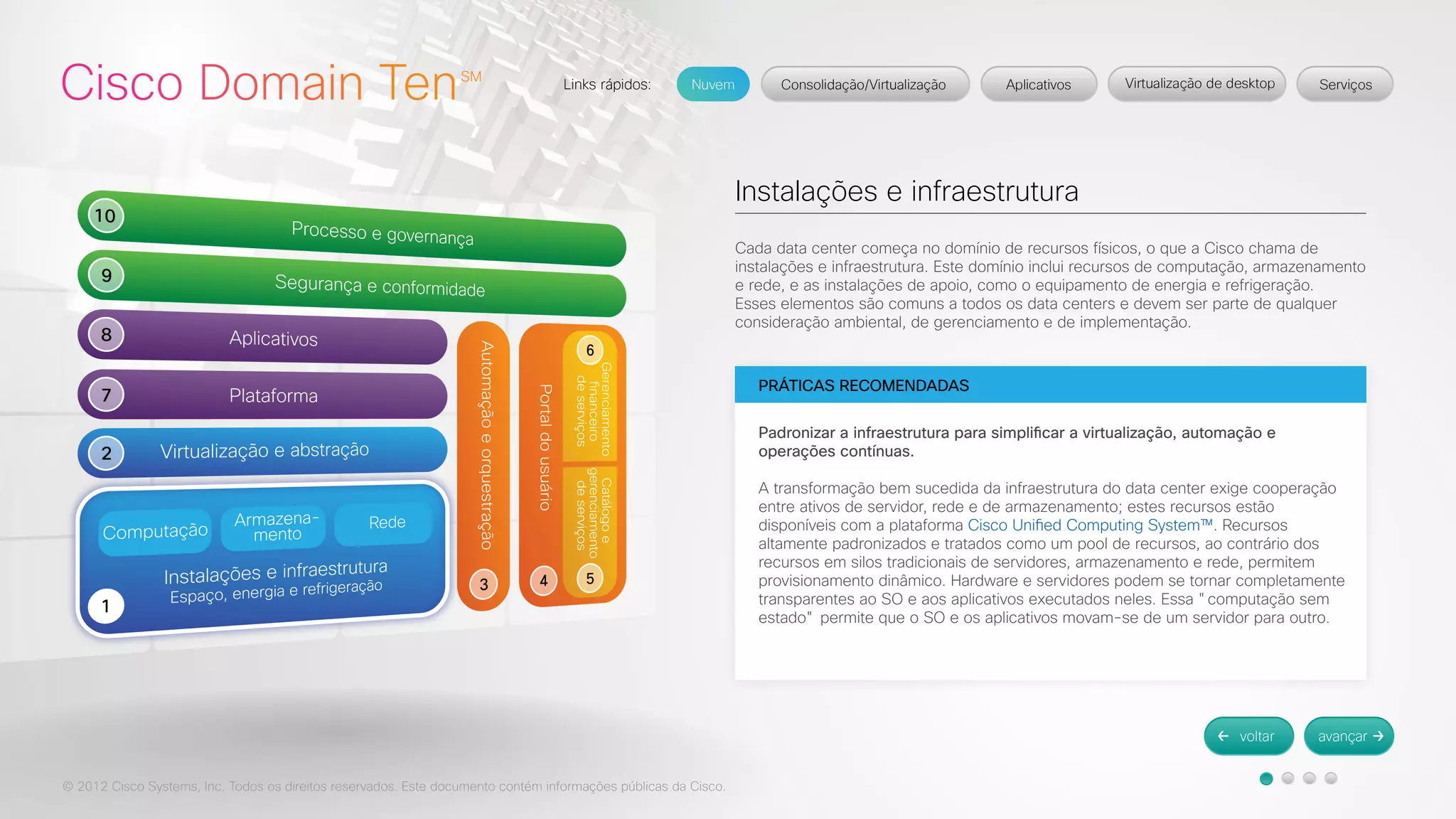 © 2012 Cisco Systems, Inc. Todos os direitos reservados. Este documento contém informações públicas da Cisco. 
Instalações e infraestrutura 
Cada data center começa no domínio de recursos físicos, o que a Cisco chama de 
instalações e infraestrutura. Este domínio inclui recursos de computação, armazenamento 
e rede, e as instalações de apoio, como o equipamento de energia e refrigeração. 
Esses elementos são comuns a todos os data centers e devem ser parte de qualquer 
consideração ambiental, de gerenciamento e de implementação. 
PRÁTICAS RECOMENDADAS 
Padronizar a infraestrutura para simplificar a virtualização, automação e 
operações contínuas. 
A transformação bem sucedida da infraestrutura do data center exige cooperação 
entre ativos de servidor, rede e de armazenamento; estes recursos estão 
disponíveis com a plataforma Cisco Unified Computing System™. Recursos 
altamente padronizados e tratados como um pool de recursos, ao contrário dos 
recursos em silos tradicionais de servidores, armazenamento e rede, permitem 
provisionamento dinâmico. Hardware e servidores podem se tornar completamente 
transparentes ao SO e aos aplicativos executados neles. Essa "computação sem 
estado" permite que o SO e os aplicativos movam-se de um servidor para outro. 
 