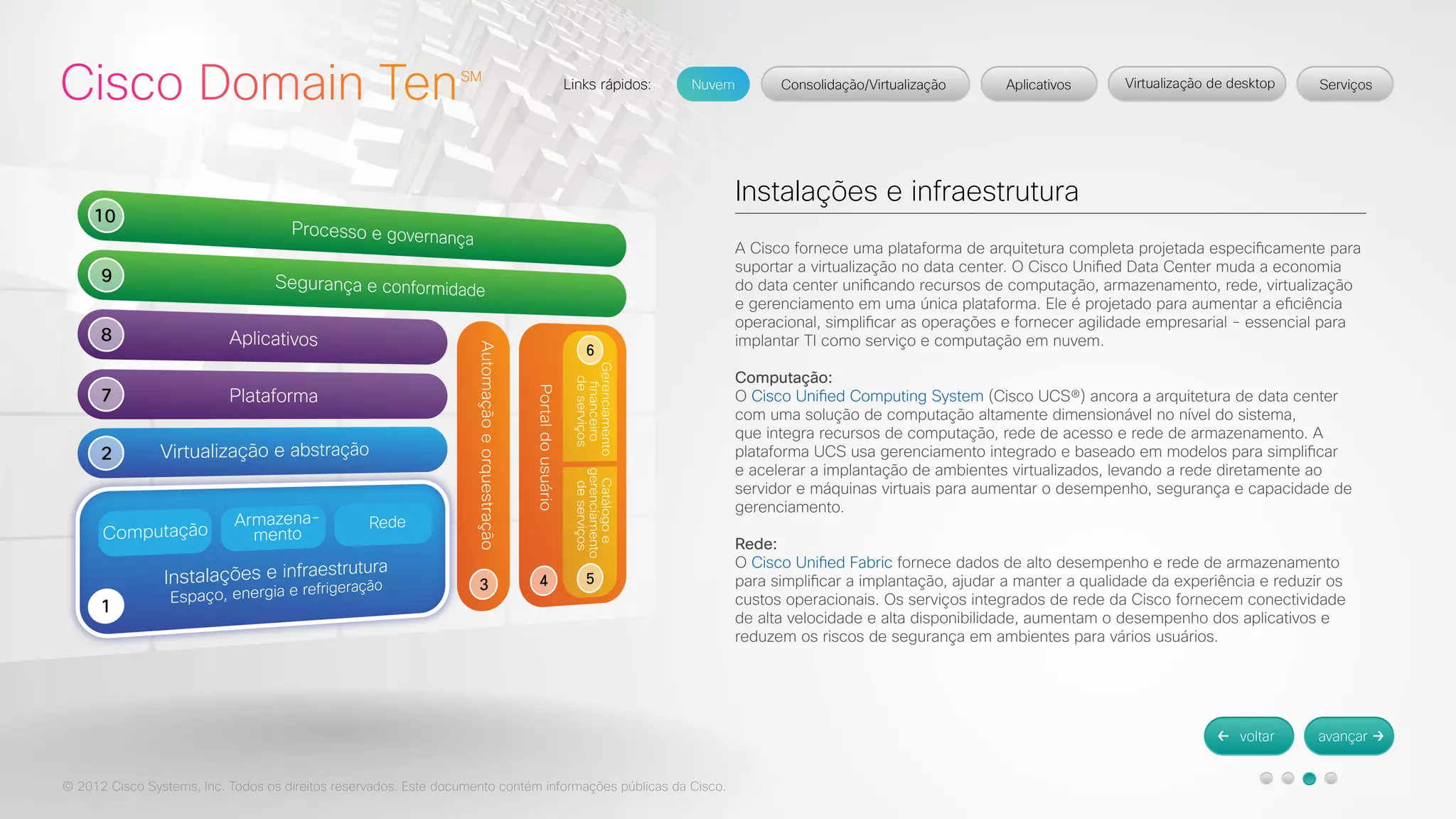 © 2012 Cisco Systems, Inc. Todos os direitos reservados. Este documento contém informações públicas da Cisco. 
Instalações e infraestrutura 
A Cisco fornece uma plataforma de arquitetura completa projetada especificamente para 
suportar a virtualização no data center. O Cisco Unified Data Center muda a economia 
do data center unificando recursos de computação, armazenamento, rede, virtualização 
e gerenciamento em uma única plataforma. Ele é projetado para aumentar a eficiência 
operacional, simplificar as operações e fornecer agilidade empresarial - essencial para 
implantar TI como serviço e computação em nuvem. 
Computação: 
O Cisco Unified Computing System (Cisco UCS®) ancora a arquitetura de data center 
com uma solução de computação altamente dimensionável no nível do sistema, 
que integra recursos de computação, rede de acesso e rede de armazenamento. A 
plataforma UCS usa gerenciamento integrado e baseado em modelos para simplificar 
e acelerar a implantação de ambientes virtualizados, levando a rede diretamente ao 
servidor e máquinas virtuais para aumentar o desempenho, segurança e capacidade de 
gerenciamento. 
Rede: 
O Cisco Unified Fabric fornece dados de alto desempenho e rede de armazenamento 
para simplificar a implantação, ajudar a manter a qualidade da experiência e reduzir os 
custos operacionais. Os serviços integrados de rede da Cisco fornecem conectividade 
de alta velocidade e alta disponibilidade, aumentam o desempenho dos aplicativos e 
reduzem os riscos de segurança em ambientes para vários usuários. 
 