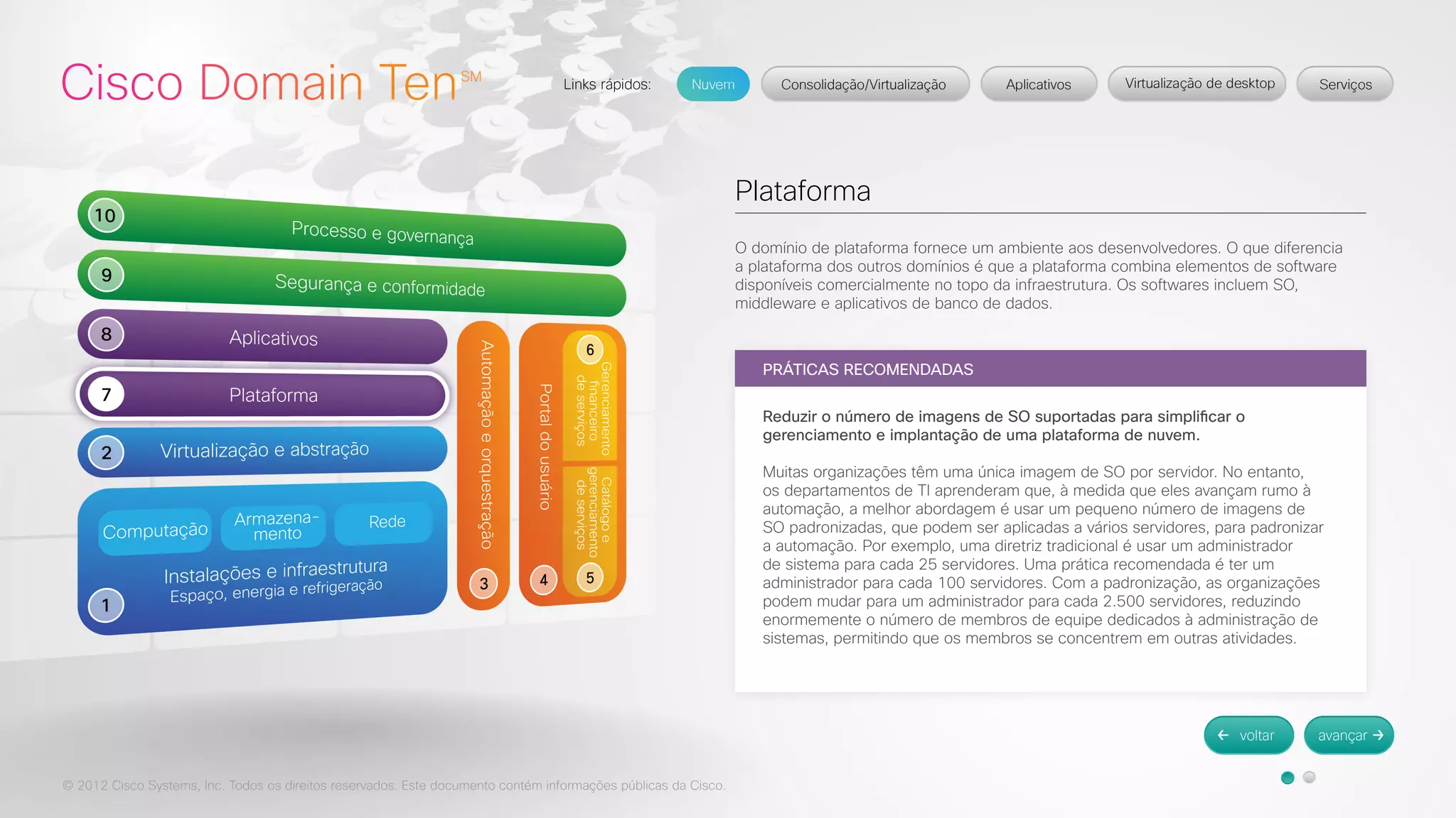 © 2012 Cisco Systems, Inc. Todos os direitos reservados. Este documento contém informações públicas da Cisco. 
Plataforma 
O domínio de plataforma fornece um ambiente aos desenvolvedores. O que diferencia 
a plataforma dos outros domínios é que a plataforma combina elementos de software 
disponíveis comercialmente no topo da infraestrutura. Os softwares incluem SO, 
middleware e aplicativos de banco de dados. 
PRÁTICAS RECOMENDADAS 
Reduzir o número de imagens de SO suportadas para simplificar o 
gerenciamento e implantação de uma plataforma de nuvem. 
Muitas organizações têm uma única imagem de SO por servidor. No entanto, 
os departamentos de TI aprenderam que, à medida que eles avançam rumo à 
automação, a melhor abordagem é usar um pequeno número de imagens de 
SO padronizadas, que podem ser aplicadas a vários servidores, para padronizar 
a automação. Por exemplo, uma diretriz tradicional é usar um administrador 
de sistema para cada 25 servidores. Uma prática recomendada é ter um 
administrador para cada 100 servidores. Com a padronização, as organizações 
podem mudar para um administrador para cada 2.500 servidores, reduzindo 
enormemente o número de membros de equipe dedicados à administração de 
sistemas, permitindo que os membros se concentrem em outras atividades. 
 