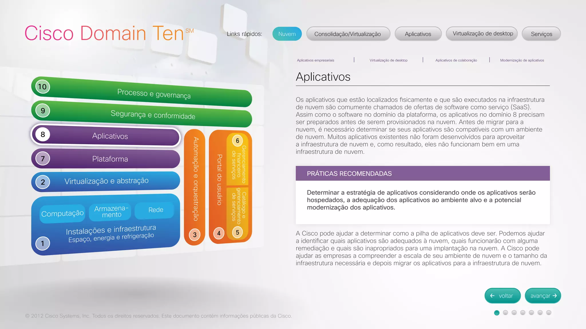 © 2012 Cisco Systems, Inc. Todos os direitos reservados. Este documento contém informações públicas da Cisco. 
Aplicativos 
Os aplicativos que estão localizados fisicamente e que são executados na infraestrutura 
de nuvem são comumente chamados de ofertas de software como serviço (SaaS). 
Assim como o software no domínio da plataforma, os aplicativos no domínio 8 precisam 
ser preparados antes de serem provisionados na nuvem. Antes de migrar para a 
nuvem, é necessário determinar se seus aplicativos são compatíveis com um ambiente 
de nuvem. Muitos aplicativos existentes não foram desenvolvidos para aproveitar 
a infraestrutura de nuvem e, como resultado, eles não funcionam bem em uma 
infraestrutura de nuvem. 
A Cisco pode ajudar a determinar como a pilha de aplicativos deve ser. Podemos ajudar 
a identificar quais aplicativos são adequados à nuvem, quais funcionarão com alguma 
remediação e quais são inapropriados para uma implantação na nuvem. A Cisco pode 
ajudar as empresas a compreender a escala de seu ambiente de nuvem e o tamanho da 
infraestrutura necessária e depois migrar os aplicativos para a infraestrutura de nuvem. 
PRÁTICAS RECOMENDADAS 
Determinar a estratégia de aplicativos considerando onde os aplicativos serão 
hospedados, a adequação dos aplicativos ao ambiente alvo e a potencial 
modernização dos aplicativos. 
 