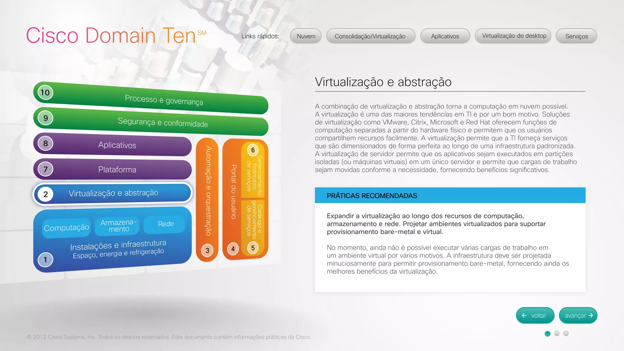 © 2012 Cisco Systems, Inc. Todos os direitos reservados. Este documento contém informações públicas da Cisco. 
Virtualização e abstração 
A combinação de virtualização e abstração torna a computação em nuvem possível. 
A virtualização é uma das maiores tendências em TI e por um bom motivo. Soluções 
de virtualização como VMware, Citrix, Microsoft e Red Hat oferecem funções de 
computação separadas a partir do hardware físico e permitem que os usuários 
compartilhem recursos facilmente. A virtualização permite que a TI forneça serviços 
que são dimensionados de forma perfeita ao longo de uma infraestrutura padronizada. 
A virtualização de servidor permite que os aplicativos sejam executados em partições 
isoladas (ou máquinas virtuais) em um único servidor e permite que cargas de trabalho 
sejam movidas conforme a necessidade, fornecendo benefícios significativos. 
PRÁTICAS RECOMENDADAS 
Expandir a virtualização ao longo dos recursos de computação, 
armazenamento e rede. Projetar ambientes virtualizados para suportar 
provisionamento bare-metal e virtual. 
No momento, ainda não é possível executar várias cargas de trabalho em 
um ambiente virtual por vários motivos. A infraestrutura deve ser projetada 
minuciosamente para permitir provisionamento bare-metal, fornecendo ainda os 
melhores benefícios da virtualização. 
 