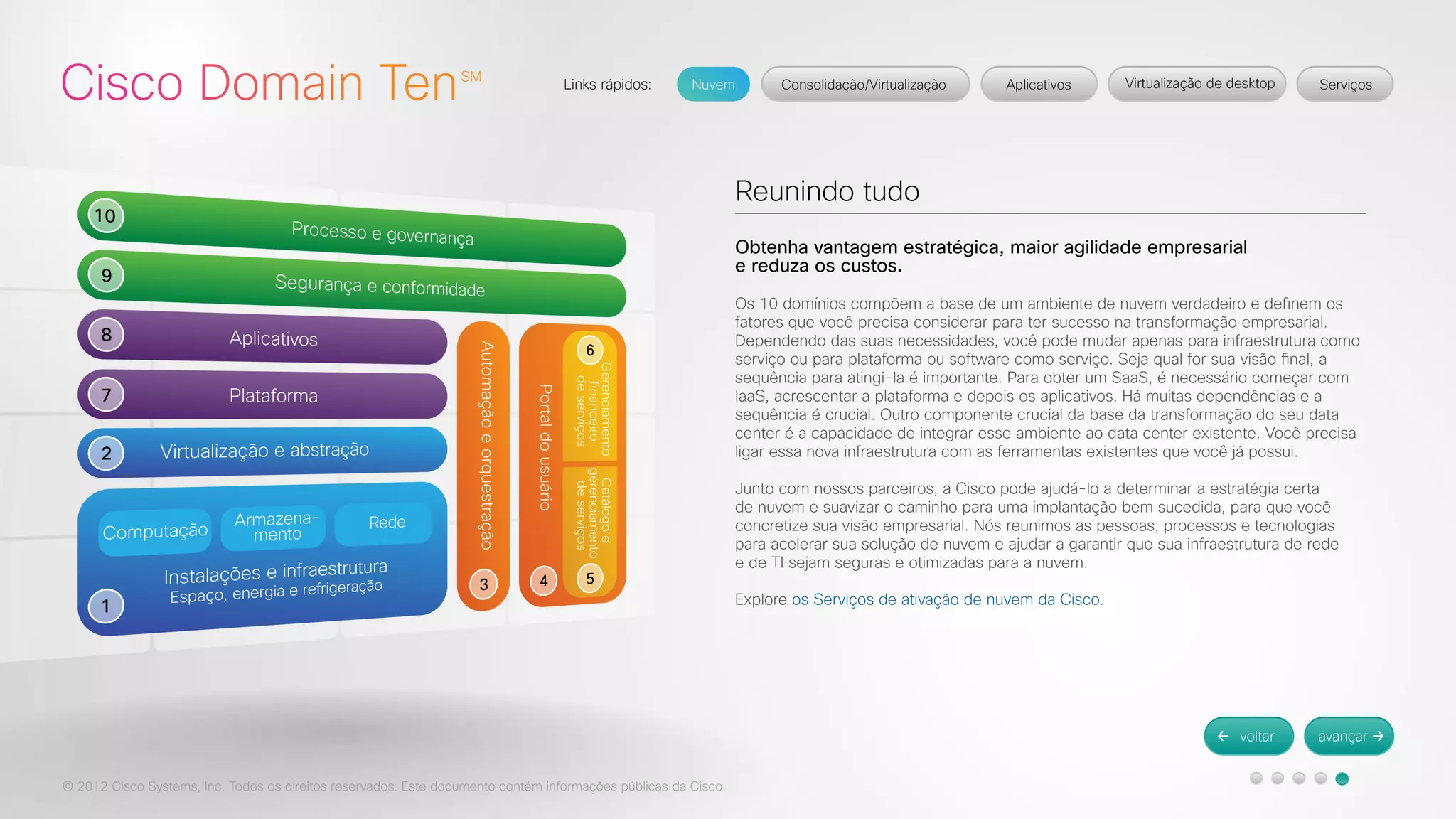 © 2012 Cisco Systems, Inc. Todos os direitos reservados. Este documento contém informações públicas da Cisco. 
Reunindo tudo 
Obtenha vantagem estratégica, maior agilidade empresarial 
e reduza os custos. 
Os 10 domínios compõem a base de um ambiente de nuvem verdadeiro e definem os 
fatores que você precisa considerar para ter sucesso na transformação empresarial. 
Dependendo das suas necessidades, você pode mudar apenas para infraestrutura como 
serviço ou para plataforma ou software como serviço. Seja qual for sua visão final, a 
sequência para atingi-la é importante. Para obter um SaaS, é necessário começar com 
IaaS, acrescentar a plataforma e depois os aplicativos. Há muitas dependências e a 
sequência é crucial. Outro componente crucial da base da transformação do seu data 
center é a capacidade de integrar esse ambiente ao data center existente. Você precisa 
ligar essa nova infraestrutura com as ferramentas existentes que você já possui. 
Junto com nossos parceiros, a Cisco pode ajudá-lo a determinar a estratégia certa 
de nuvem e suavizar o caminho para uma implantação bem sucedida, para que você 
concretize sua visão empresarial. Nós reunimos as pessoas, processos e tecnologias 
para acelerar sua solução de nuvem e ajudar a garantir que sua infraestrutura de rede 
e de TI sejam seguras e otimizadas para a nuvem. 
Explore os Serviços de ativação de nuvem da Cisco. 
 