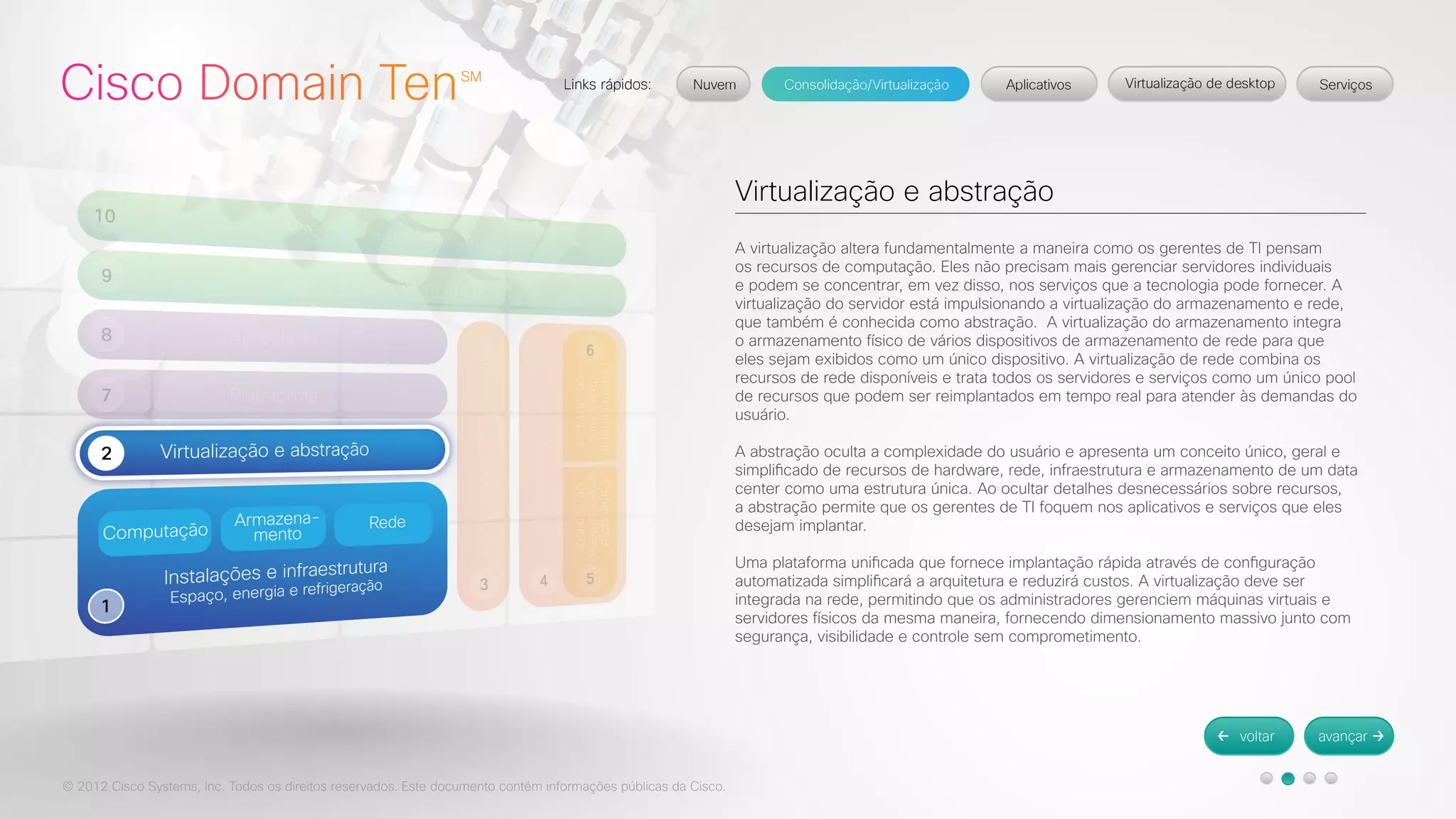 © 2012 Cisco Systems, Inc. Todos os direitos reservados. Este documento contém informações públicas da Cisco. 
Virtualização e abstração 
A virtualização altera fundamentalmente a maneira como os gerentes de TI pensam 
os recursos de computação. Eles não precisam mais gerenciar servidores individuais 
e podem se concentrar, em vez disso, nos serviços que a tecnologia pode fornecer. A 
virtualização do servidor está impulsionando a virtualização do armazenamento e rede, 
que também é conhecida como abstração. A virtualização do armazenamento integra 
o armazenamento físico de vários dispositivos de armazenamento de rede para que 
eles sejam exibidos como um único dispositivo. A virtualização de rede combina os 
recursos de rede disponíveis e trata todos os servidores e serviços como um único pool 
de recursos que podem ser reimplantados em tempo real para atender às demandas do 
usuário. 
A abstração oculta a complexidade do usuário e apresenta um conceito único, geral e 
simplificado de recursos de hardware, rede, infraestrutura e armazenamento de um data 
center como uma estrutura única. Ao ocultar detalhes desnecessários sobre recursos, 
a abstração permite que os gerentes de TI foquem nos aplicativos e serviços que eles 
desejam implantar. 
Uma plataforma unificada que fornece implantação rápida através de configuração 
automatizada simplificará a arquitetura e reduzirá custos. A virtualização deve ser 
integrada na rede, permitindo que os administradores gerenciem máquinas virtuais e 
servidores físicos da mesma maneira, fornecendo dimensionamento massivo junto com 
segurança, visibilidade e controle sem comprometimento. 
 