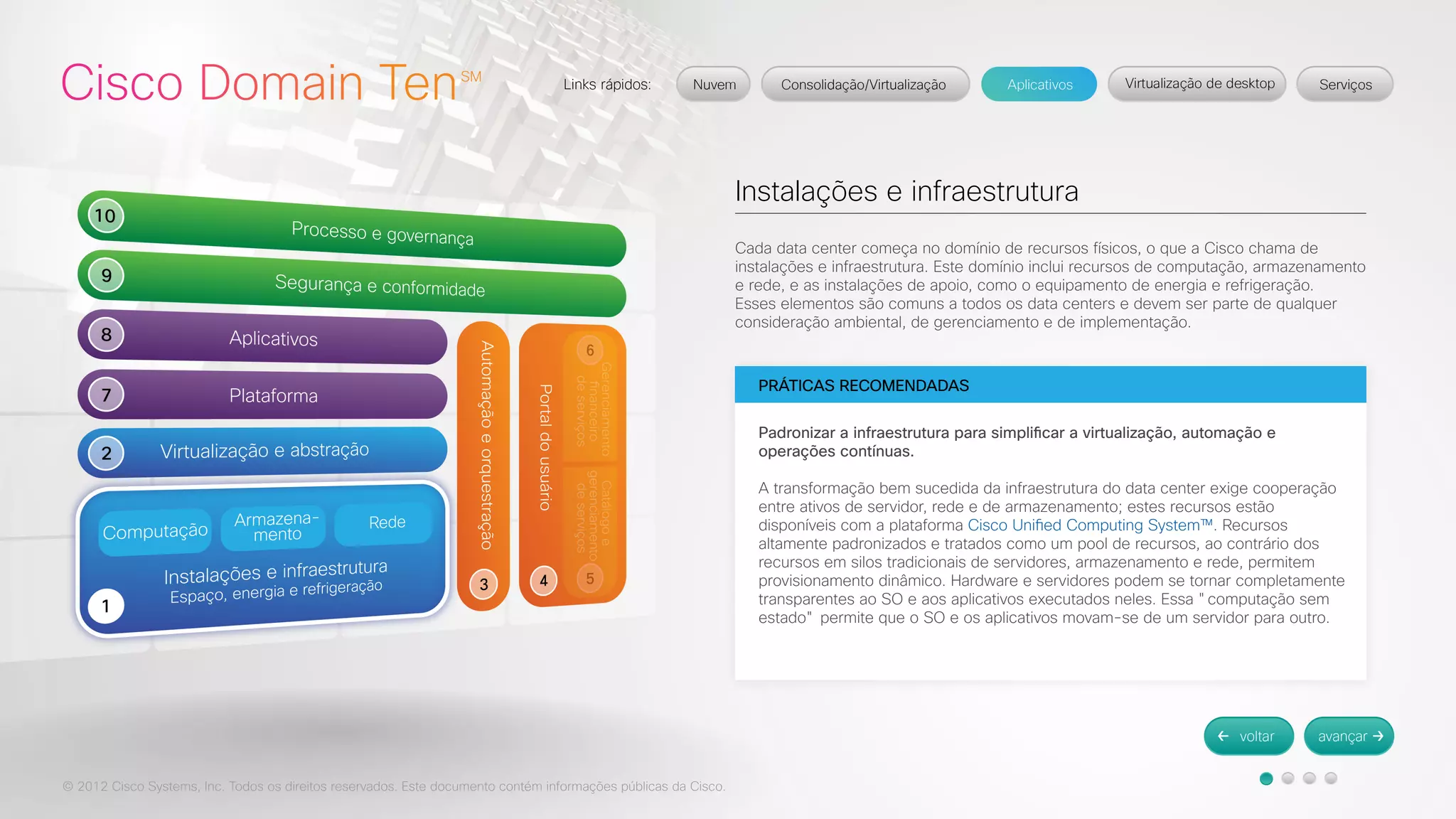 © 2012 Cisco Systems, Inc. Todos os direitos reservados. Este documento contém informações públicas da Cisco. 
Instalações e infraestrutura 
Cada data center começa no domínio de recursos físicos, o que a Cisco chama de 
instalações e infraestrutura. Este domínio inclui recursos de computação, armazenamento 
e rede, e as instalações de apoio, como o equipamento de energia e refrigeração. 
Esses elementos são comuns a todos os data centers e devem ser parte de qualquer 
consideração ambiental, de gerenciamento e de implementação. 
PRÁTICAS RECOMENDADAS 
Padronizar a infraestrutura para simplificar a virtualização, automação e 
operações contínuas. 
A transformação bem sucedida da infraestrutura do data center exige cooperação 
entre ativos de servidor, rede e de armazenamento; estes recursos estão 
disponíveis com a plataforma Cisco Unified Computing System™. Recursos 
altamente padronizados e tratados como um pool de recursos, ao contrário dos 
recursos em silos tradicionais de servidores, armazenamento e rede, permitem 
provisionamento dinâmico. Hardware e servidores podem se tornar completamente 
transparentes ao SO e aos aplicativos executados neles. Essa "computação sem 
estado" permite que o SO e os aplicativos movam-se de um servidor para outro. 
 