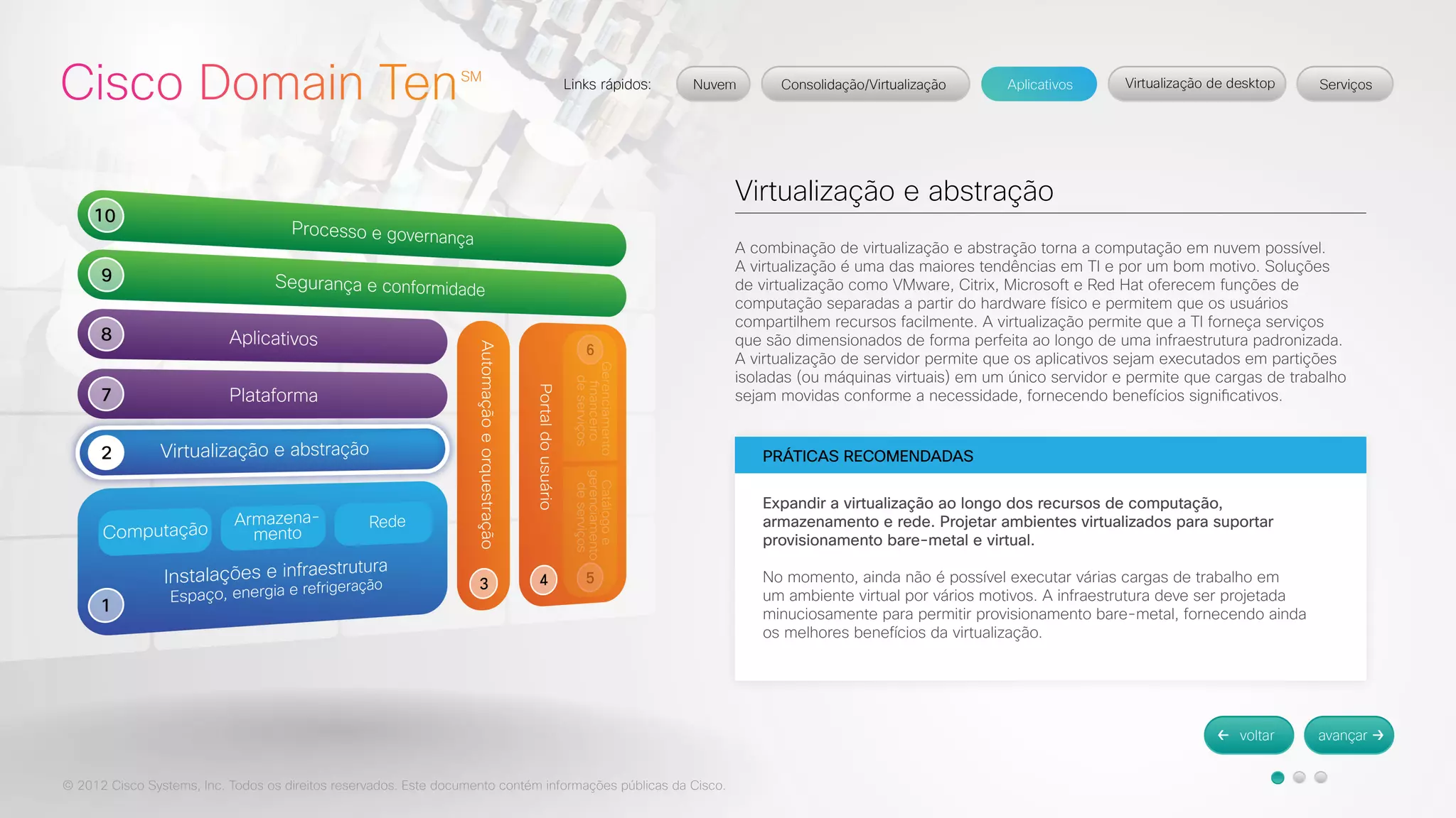 © 2012 Cisco Systems, Inc. Todos os direitos reservados. Este documento contém informações públicas da Cisco. 
Virtualização e abstração 
A combinação de virtualização e abstração torna a computação em nuvem possível. 
A virtualização é uma das maiores tendências em TI e por um bom motivo. Soluções 
de virtualização como VMware, Citrix, Microsoft e Red Hat oferecem funções de 
computação separadas a partir do hardware físico e permitem que os usuários 
compartilhem recursos facilmente. A virtualização permite que a TI forneça serviços 
que são dimensionados de forma perfeita ao longo de uma infraestrutura padronizada. 
A virtualização de servidor permite que os aplicativos sejam executados em partições 
isoladas (ou máquinas virtuais) em um único servidor e permite que cargas de trabalho 
sejam movidas conforme a necessidade, fornecendo benefícios significativos. 
PRÁTICAS RECOMENDADAS 
Expandir a virtualização ao longo dos recursos de computação, 
armazenamento e rede. Projetar ambientes virtualizados para suportar 
provisionamento bare-metal e virtual. 
No momento, ainda não é possível executar várias cargas de trabalho em 
um ambiente virtual por vários motivos. A infraestrutura deve ser projetada 
minuciosamente para permitir provisionamento bare-metal, fornecendo ainda 
os melhores benefícios da virtualização. 
 