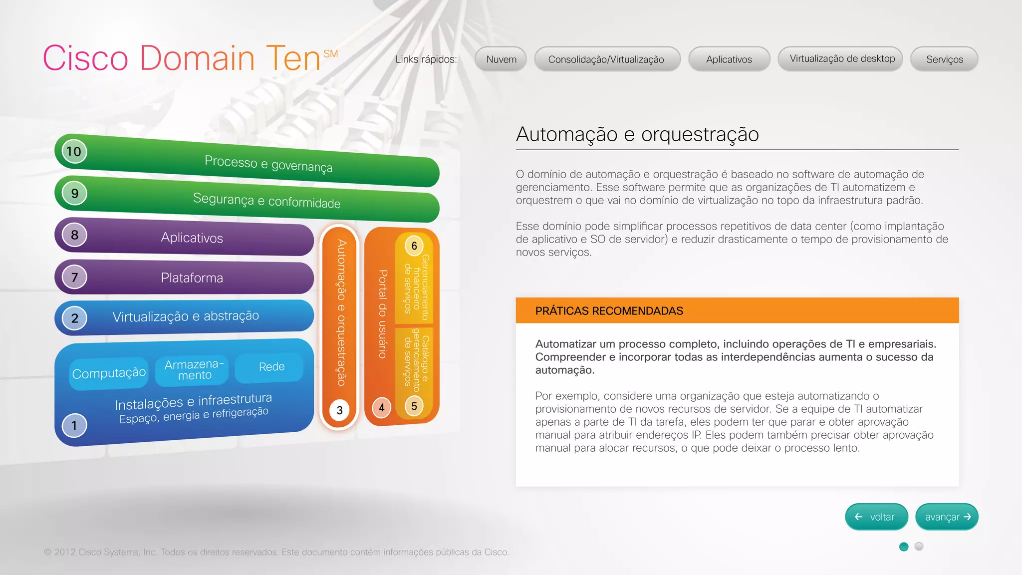 © 2012 Cisco Systems, Inc. Todos os direitos reservados. Este documento contém informações públicas da Cisco. 
Automação e orquestração 
O domínio de automação e orquestração é baseado no software de automação de 
gerenciamento. Esse software permite que as organizações de TI automatizem e 
orquestrem o que vai no domínio de virtualização no topo da infraestrutura padrão. 
Esse domínio pode simplificar processos repetitivos de data center (como implantação 
de aplicativo e SO de servidor) e reduzir drasticamente o tempo de provisionamento de 
novos serviços. 
PRÁTICAS RECOMENDADAS 
Automatizar um processo completo, incluindo operações de TI e empresariais. 
Compreender e incorporar todas as interdependências aumenta o sucesso da 
automação. 
Por exemplo, considere uma organização que esteja automatizando o 
provisionamento de novos recursos de servidor. Se a equipe de TI automatizar 
apenas a parte de TI da tarefa, eles podem ter que parar e obter aprovação 
manual para atribuir endereços IP. Eles podem também precisar obter aprovação 
manual para alocar recursos, o que pode deixar o processo lento. 
 