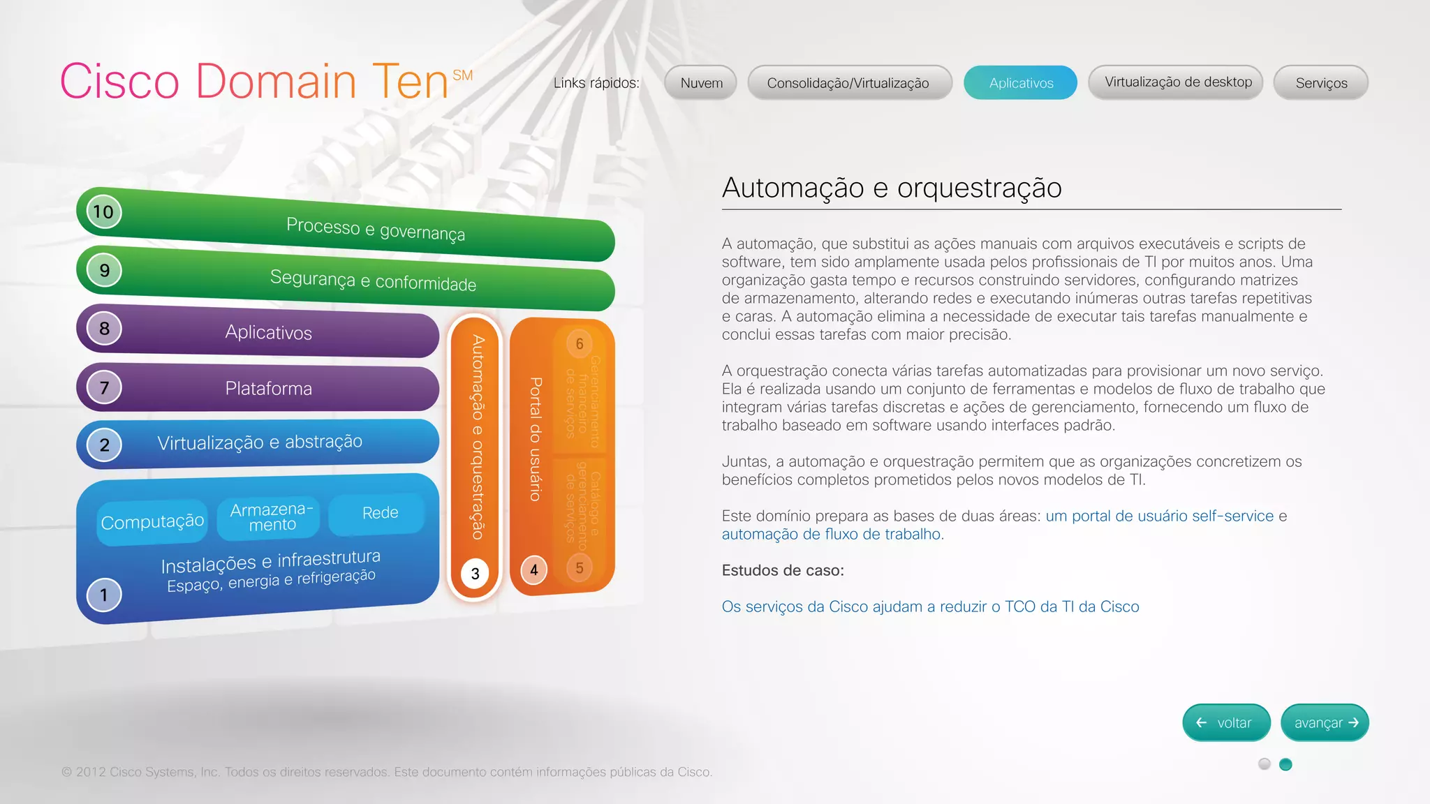 © 2012 Cisco Systems, Inc. Todos os direitos reservados. Este documento contém informações públicas da Cisco. 
Automação e orquestração 
A automação, que substitui as ações manuais com arquivos executáveis e scripts de 
software, tem sido amplamente usada pelos profissionais de TI por muitos anos. Uma 
organização gasta tempo e recursos construindo servidores, configurando matrizes 
de armazenamento, alterando redes e executando inúmeras outras tarefas repetitivas 
e caras. A automação elimina a necessidade de executar tais tarefas manualmente e 
conclui essas tarefas com maior precisão. 
A orquestração conecta várias tarefas automatizadas para provisionar um novo serviço. 
Ela é realizada usando um conjunto de ferramentas e modelos de fluxo de trabalho que 
integram várias tarefas discretas e ações de gerenciamento, fornecendo um fluxo de 
trabalho baseado em software usando interfaces padrão. 
Juntas, a automação e orquestração permitem que as organizações concretizem os 
benefícios completos prometidos pelos novos modelos de TI. 
Este domínio prepara as bases de duas áreas: um portal de usuário self-service e 
automação de fluxo de trabalho. 
Estudos de caso: 
Os serviços da Cisco ajudam a reduzir o TCO da TI da Cisco 
 