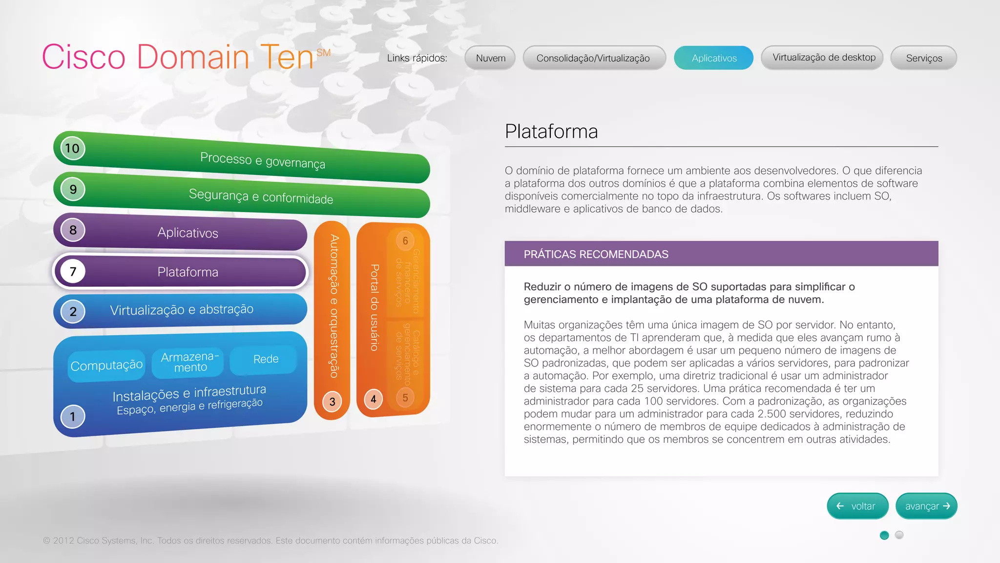 © 2012 Cisco Systems, Inc. Todos os direitos reservados. Este documento contém informações públicas da Cisco. 
Plataforma 
O domínio de plataforma fornece um ambiente aos desenvolvedores. O que diferencia 
a plataforma dos outros domínios é que a plataforma combina elementos de software 
disponíveis comercialmente no topo da infraestrutura. Os softwares incluem SO, 
middleware e aplicativos de banco de dados. 
PRÁTICAS RECOMENDADAS 
Reduzir o número de imagens de SO suportadas para simplificar o 
gerenciamento e implantação de uma plataforma de nuvem. 
Muitas organizações têm uma única imagem de SO por servidor. No entanto, 
os departamentos de TI aprenderam que, à medida que eles avançam rumo à 
automação, a melhor abordagem é usar um pequeno número de imagens de 
SO padronizadas, que podem ser aplicadas a vários servidores, para padronizar 
a automação. Por exemplo, uma diretriz tradicional é usar um administrador 
de sistema para cada 25 servidores. Uma prática recomendada é ter um 
administrador para cada 100 servidores. Com a padronização, as organizações 
podem mudar para um administrador para cada 2.500 servidores, reduzindo 
enormemente o número de membros de equipe dedicados à administração de 
sistemas, permitindo que os membros se concentrem em outras atividades. 
 