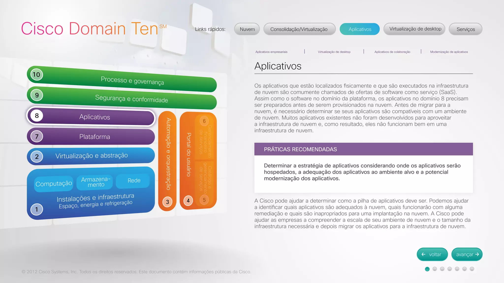 © 2012 Cisco Systems, Inc. Todos os direitos reservados. Este documento contém informações públicas da Cisco. 
Aplicativos 
Os aplicativos que estão localizados fisicamente e que são executados na infraestrutura 
de nuvem são comumente chamados de ofertas de software como serviço (SaaS). 
Assim como o software no domínio da plataforma, os aplicativos no domínio 8 precisam 
ser preparados antes de serem provisionados na nuvem. Antes de migrar para a 
nuvem, é necessário determinar se seus aplicativos são compatíveis com um ambiente 
de nuvem. Muitos aplicativos existentes não foram desenvolvidos para aproveitar 
a infraestrutura de nuvem e, como resultado, eles não funcionam bem em uma 
infraestrutura de nuvem. 
A Cisco pode ajudar a determinar como a pilha de aplicativos deve ser. Podemos ajudar 
a identificar quais aplicativos são adequados à nuvem, quais funcionarão com alguma 
remediação e quais são inapropriados para uma implantação na nuvem. A Cisco pode 
ajudar as empresas a compreender a escala de seu ambiente de nuvem e o tamanho da 
infraestrutura necessária e depois migrar os aplicativos para a infraestrutura de nuvem. 
PRÁTICAS RECOMENDADAS 
Determinar a estratégia de aplicativos considerando onde os aplicativos serão 
hospedados, a adequação dos aplicativos ao ambiente alvo e a potencial 
modernização dos aplicativos. 
 