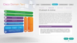 © 2012 Cisco Systems, Inc. Todos os direitos reservados. Este documento contém informações públicas da Cisco. 
Virtualização de desktop 
Os usuários finais estão caminhando rumo a um mundo de maior mobilidade de local de 
trabalho, levando seus próprios dispositivos para o trabalho. A necessidade de acessar 
aplicativos e dados corporativos a qualquer momento, de qualquer lugar e com qualquer 
dispositivo está aumentando diariamente. As tecnologias de virtualização de desktop, que 
substituem o ambiente de desktop tradicional por uma infraestrutura de desktop virtual 
(VDI) para atender a demanda por acesso móvel seguro, fornecem esses recursos, e ao 
serem fornecidas através da nuvem, elas se combinam com o acesso em qualquer local, 
elasticidade e serviço mensurável, que diferenciam a computação em nuvem e tornam 
o fornecimento desses serviços tanto viável quanto prático. A virtualização de desktop 
também pode incluir aplicativos, desktop virtual e serviços remotos. Ela desacopla 
a execução do aplicativo do local físico do cliente, permitindo novos paradigmas de 
computação de cliente. 
PRÁTICAS RECOMENDADAS 
Evitar custos de capital inicial associados à implantação de uma solução de 
desktop virtual. Explorar opções "como serviço" baseadas em nuvem. Além 
disso, pergunte sobre abordagens de otimização de armazenamento e rede e 
tecnologias que reduzam requisitos de armazenamento e largura de banda e 
aumentem o desempenho 
 