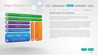 © 2012 Cisco Systems, Inc. Todos os direitos reservados. Este documento contém informações públicas da Cisco. 
Modernização dos aplicativos 
Além de migrar aplicativos para uma infraestrutura mais eficiente, há outras duas 
maneiras de melhorar o gerenciamento dos aplicativos: a automação de carga de 
trabalho e a modernização dos aplicativos. 
A automação de carga de trabalho inclui a automação de tarefas comuns, como executar 
cargas de trabalho em lote de forma programada e processos empresariais baseados 
em evento, além de determinar onde e quando executá-las, sem precisar gerenciar 
scripts ou personalizar ferramentas existentes. A automação de carga de trabalho pode 
ser usada em uma ampla variedade de processos empresariais e ajuda a simplificar 
operações, reduzir custos e promover flexibilidade empresarial. 
A modernização de aplicativos envolve migrar aplicativos personalizados para uma 
infraestrutura mais eficiente e transformá-los em aplicativos sem estado que podem 
responder dinamicamente às mudanças nas exigências empresariais. Por exemplo, se 
um aplicativo sem estado estiver hospedado nos EUA, mas for necessário na Austrália, 
ele poderá ser executado na Austrália e todas as políticas de segurança locais serão 
respeitadas. O desempenho será melhor, pois o aplicativo não precisa ser executado 
através da WAN. 
 