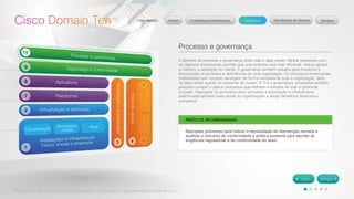 © 2012 Cisco Systems, Inc. Todos os direitos reservados. Este documento contém informações públicas da Cisco. 
Processo e governança 
O domínio de processo e governança afeta todo o data center. Alinhar processos com 
os objetivos empresariais permite que uma empresa seja mais eficiente, reduza gastos 
e melhore a satisfação do cliente. A governança também trabalha para monitorar e 
documentar os sucessos e deficiências de uma organização. Os processos empresariais 
implantados com sucesso abrangem de forma transparente toda a organização, tanto 
no data center quanto no ambiente de nuvem. A TI e a governança corporativa também 
precisam cumprir e aplicar processos que definem a maneira de usar e gerenciar 
a nuvem. Reprojetar os processos para aproveitar a automação e infraestrutura 
padronizada também pode ajudar as organizações a atingir benefícios financeiros 
completos. 
PRÁTICAS RECOMENDADAS 
Reprojetar processos para reduzir a necessidade de intervenção humana e 
atualizar a estrutura de conformidade e política existente para atender às 
exigências regulatórias e de conformidade do setor. 
 