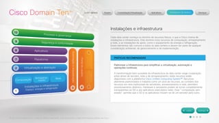 © 2012 Cisco Systems, Inc. Todos os direitos reservados. Este documento contém informações públicas da Cisco. 
Instalações e infraestrutura 
Cada data center começa no domínio de recursos físicos, o que a Cisco chama de 
instalações e infraestrutura. Este domínio inclui recursos de computação, armazenamento 
e rede, e as instalações de apoio, como o equipamento de energia e refrigeração. 
Esses elementos são comuns a todos os data centers e devem ser parte de qualquer 
consideração ambiental, de gerenciamento e de implementação. 
PRÁTICAS RECOMENDADAS 
Padronizar a infraestrutura para simplificar a virtualização, automação e 
operações contínuas. 
A transformação bem sucedida da infraestrutura do data center exige cooperação 
entre ativos de servidor, rede e de armazenamento; estes recursos estão 
disponíveis com a plataforma Cisco Unified Computing System™. Recursos 
altamente padronizados e tratados como um pool de recursos, ao contrário dos 
recursos em silos tradicionais de servidores, armazenamento e rede, permitem 
provisionamento dinâmico. Hardware e servidores podem se tornar completamente 
transparentes ao SO e aos aplicativos executados neles. Essa "computação sem 
estado" permite que o SO e os aplicativos movam-se de um servidor para outro. 
 