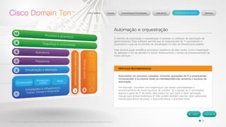 © 2012 Cisco Systems, Inc. Todos os direitos reservados. Este documento contém informações públicas da Cisco. 
Automação e orquestração 
O domínio de automação e orquestração é baseado no software de automação de 
gerenciamento. Esse software permite que as organizações de TI automatizem e 
orquestrem o que vai no domínio de virtualização no topo da infraestrutura padrão. 
Esse domínio pode simplificar processos repetitivos de data center (como implantação 
de aplicativo e SO de servidor) e reduzir drasticamente o tempo de provisionamento de 
novos serviços. 
PRÁTICAS RECOMENDADAS 
Automatizar um processo completo, incluindo operações de TI e empresariais. 
Compreender e incorporar todas as interdependências aumenta o sucesso da 
automação. 
Por exemplo, considere uma organização que esteja automatizando o 
provisionamento de novos recursos de servidor. Se a equipe de TI automatizar 
apenas a parte de TI da tarefa, eles podem ter que parar e obter aprovação 
manual para atribuir endereços IP. Eles podem também precisar obter aprovação 
manual para alocar recursos, o que pode deixar o processo lento. 
 