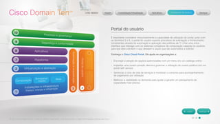 © 2012 Cisco Systems, Inc. Todos os direitos reservados. Este documento contém informações públicas da Cisco. 
Portal do usuário 
É importante considerar minuciosamente a capacidade de utilização do portal; junto com 
os domínios 5 e 6, o portal do usuário suporta processos de solicitação e fornecimento 
consistentes através da automação e aplicação das políticas de TI. Criar uma única 
interface que interage com os sistemas complexos de computação capacita os usuários 
para que eles solicitem o que desejam e aquilo que são autorizados a solicitar. 
Conheça o Cisco Cloud Portal. Ele ajuda as organizações a: 
• Encorajar a adoção de opções padronizadas com um menu em um catálogo online 
• Implantar uma nuvem privada interna e governar a utilização de nuvem pública com um 
portal self-service 
• Gerenciar o ciclo de vida de serviços e monitorar o consumo para acompanhamento 
de pagamento por utilização 
• Melhorar a visibilidade na demanda para ajudar a garantir um planejamento de 
capacidade mais preciso 
 