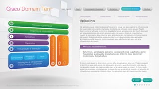 © 2012 Cisco Systems, Inc. Todos os direitos reservados. Este documento contém informações públicas da Cisco. 
Aplicativos 
Os aplicativos que estão localizados fisicamente e que são executados na infraestrutura 
de nuvem são comumente chamados de ofertas de software como serviço (SaaS). 
Assim como o software no domínio da plataforma, os aplicativos no domínio 8 precisam 
ser preparados antes de serem provisionados na nuvem. Antes de migrar para a 
nuvem, é necessário determinar se seus aplicativos são compatíveis com um ambiente 
de nuvem. Muitos aplicativos existentes não foram desenvolvidos para aproveitar 
a infraestrutura de nuvem e, como resultado, eles não funcionam bem em uma 
infraestrutura de nuvem. 
A Cisco pode ajudar a determinar como a pilha de aplicativos deve ser. Podemos ajudar 
a identificar quais aplicativos são adequados à nuvem, quais funcionarão com alguma 
remediação e quais são inapropriados para uma implantação na nuvem. A Cisco pode 
ajudar as empresas a compreender a escala de seu ambiente de nuvem e o tamanho da 
infraestrutura necessária e depois migrar os aplicativos para a infraestrutura de nuvem. 
PRÁTICAS RECOMENDADAS 
Determinar a estratégia de aplicativos considerando onde os aplicativos serão 
hospedados, a adequação dos aplicativos ao ambiente alvo e a potencial 
modernização dos aplicativos. 
 