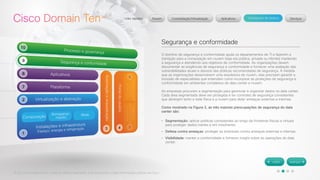 © 2012 Cisco Systems, Inc. Todos os direitos reservados. Este documento contém informações públicas da Cisco. 
Segurança e conformidade 
O domínio de segurança e conformidade ajuda os departamentos de TI a fazerem a 
transição para a computação em nuvem (seja ela pública, privada ou híbrida) mantendo 
a segurança e atendendo aos objetivos de conformidade. As organizações devem 
documentar as exigências de segurança e conformidade e fornecer uma avaliação das 
vulnerabilidades atuais e desvios das práticas recomendadas de segurança. À medida 
que as organizações desenvolvem uma arquitetura de nuvem, elas precisam garantir a 
inclusão de especialistas que entendam como incorporar as proteções de segurança e 
conformidade em ambientes complexos de data center e nuvem. 
As empresas procuram a segmentação para gerenciar e organizar dados no data center. 
Cada área segmentada deve ser protegida e ter controles de segurança consistentes 
que abranjam tanto a rede física e a nuvem para deter ameaças externas e internas. 
Como mostrado na Figura 3, as três maiores preocupações de segurança do data 
center são: 
• Segmentação: aplicar políticas consistentes ao longo de fronteiras físicas e virtuais 
para proteger dados inertes e em movimento. 
• Defesa contra ameaças: proteger as empresas contra ameaças externas e internas. 
• Visibilidade: manter a conformidade e fornecer insight sobre as operações do data 
center. 
 