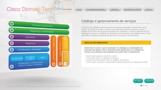 © 2012 Cisco Systems, Inc. Todos os direitos reservados. Este documento contém informações públicas da Cisco. 
Catálogo e gerenciamento de serviços 
O domínio de Catálogo e gerenciamento de serviços está ligado intimamente com o 
domínio do portal do usuário. Quando um usuário final acessa o portal do usuário, o 
usuário vê um menu de serviços que podem ser solicitados. O menu é baseado em um 
catálogo de serviços. O catálogo de serviços é uma ferramenta de software que a TI usa 
para definir e gerenciar listas de serviços de TI que podem ser solicitados. 
PRÁTICAS RECOMENDADAS 
Determinar no início o que é necessário no catálogo e a necessidade de 
extensão das ofertas. Isso é importante para desenvolver um catálogo de 
serviços que atenda às necessidades do usuário final, considerando: 
• Quem pode acessar o portal do usuário 
• O que deve estar no catálogo de serviços 
• Quantos serviços devem estar no catálogo de serviços 
• Como ajudar a garantir a capacidade de gerenciamento do conteúdo do portal 
 