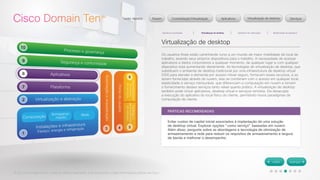 © 2012 Cisco Systems, Inc. Todos os direitos reservados. Este documento contém informações públicas da Cisco. 
Virtualização de desktop 
Os usuários finais estão caminhando rumo a um mundo de maior mobilidade de local de 
trabalho, levando seus próprios dispositivos para o trabalho. A necessidade de acessar 
aplicativos e dados corporativos a qualquer momento, de qualquer lugar e com qualquer 
dispositivo está aumentando diariamente. As tecnologias de virtualização de desktop, que 
substituem o ambiente de desktop tradicional por uma infraestrutura de desktop virtual 
(VDI) para atender a demanda por acesso móvel seguro, fornecem esses recursos, e ao 
serem fornecidas através da nuvem, elas se combinam com o acesso em qualquer local, 
elasticidade e serviço mensurável, que diferenciam a computação em nuvem e tornam 
o fornecimento desses serviços tanto viável quanto prático. A virtualização de desktop 
também pode incluir aplicativos, desktop virtual e serviços remotos. Ela desacopla 
a execução do aplicativo do local físico do cliente, permitindo novos paradigmas de 
computação de cliente. 
PRÁTICAS RECOMENDADAS 
Evitar custos de capital inicial associados à implantação de uma solução 
de desktop virtual. Explorar opções "como serviço" baseadas em nuvem. 
Além disso, pergunte sobre as abordagens e tecnologia de otimização de 
armazenamento e rede para reduzir os requisitos de armazenamento e largura 
de banda e melhorar o desempenho. 
 