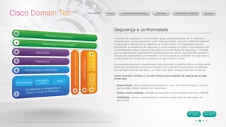 © 2012 Cisco Systems, Inc. Todos os direitos reservados. Este documento contém informações públicas da Cisco. 
Segurança e conformidade 
O domínio de segurança e conformidade ajuda os departamentos de TI a fazerem a 
transição para a computação em nuvem (seja ela pública, privada ou híbrida) mantendo 
a segurança e atendendo aos objetivos de conformidade. As organizações devem 
documentar as exigências de segurança e conformidade e fornecer uma avaliação das 
vulnerabilidades atuais e desvios das práticas recomendadas de segurança. À medida 
que as organizações desenvolvem uma arquitetura de nuvem, elas precisam garantir a 
inclusão de especialistas que entendam como incorporar as proteções de segurança e 
conformidade em ambientes complexos de data center e nuvem. 
As empresas procuram a segmentação para gerenciar e organizar dados no data center. 
Cada área segmentada deve ser protegida e ter controles de segurança consistentes 
que abranjam tanto a rede física e a nuvem para deter ameaças externas e internas. 
Como mostrado na Figura 3, as três maiores preocupações de segurança do data 
center são: 
• Segmentação: aplicar políticas consistentes ao longo de fronteiras físicas e virtuais 
para proteger dados inertes e em movimento. 
• Defesa contra ameaças: proteger as empresas contra ameaças externas e internas. 
• Visibilidade: manter a conformidade e fornecer insight sobre as operações do 
data center. 
 