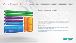 © 2012 Cisco Systems, Inc. Todos os direitos reservados. Este documento contém informações públicas da Cisco. 
Segurança e conformidade 
Os data centers não são protegidos no sentido físico e as abordagens à segurança 
estão mudando drasticamente. As posturas de segurança e conformidade continuarão a 
evoluir, à medida que essas novas infraestruturas e serviços são implantados. Os clientes 
devem avaliar e revisar políticas de segurança continuamente, conforme novos serviços e 
recursos forem lançados. 
Seja seu desafio conectar vários locais com segurança, ambientes físicos e virtuais 
multilocatário, fornecer acesso seguro a aplicativos e dados empresariais com qualquer 
dispositivo, proteger informações e privacidade ou permitir colaboração segura em 
qualquer lugar, os serviços da Cisco podem ajudá-lo a planejar, construir e gerenciar 
uma segurança difundida em toda a infraestrutura de data center e dentro e entre 
nuvens, para proteger sua empresa. 
Estudos de caso: 
A Ecobank reduz gastos e melhora o tempo para entrada no mercado, garantindo a 
conformidade com padrões internacionais 
O Departamento de Recursos Hídricos da Califórnia colabora com segurança com 
organizações externas 
 