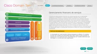 © 2012 Cisco Systems, Inc. Todos os direitos reservados. Este documento contém informações públicas da Cisco. 
Gerenciamento financeiro de serviços 
O Domínio do gerenciamento financeiro de serviços permite que as organizações 
configurem e acompanhem a cobrança baseada na utilização. Esse recurso de 
acompanhamento e cobrança é algumas vezes conhecido como cobrança retroativa, 
showback ou acompanhamento de utilização. Esse recurso permite, essencialmente, 
que os usuários paguem apenas pelos serviços que utilizam. Com a cobrança retroativa, 
a TI pode justificar o valor dos serviços consumidos para a organização e compreender 
o impacto do consumo nos custos. Por exemplo, considere a eletricidade: os clientes 
pagam apenas pela energia consumida. A nuvem funciona da mesma maneira. Ela 
oferece um sistema de controles financeiros que os auditores preferem, pois permite que 
as organizações vejam e compreendam facilmente os efeitos do consumo nas decisões 
empresariais. 
PRÁTICAS RECOMENDADAS 
A computação em nuvem permite cobrança baseada em utilitários. Os modelos 
de preço de TI podem ser estruturados para cobrir custos ou para converter os 
serviços de TI em centros de lucro. Os profissionais de TI podem determinar qual 
abordagem é a correta para suas organizações. 
 