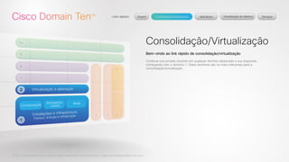 © 2012 Cisco Systems, Inc. Todos os direitos reservados. Este documento contém informações públicas da Cisco. 
Consolidação/Virtualização 
Bem-vindo ao link rápido de consolidação/virtualização 
Continue sua jornada clicando em qualquer domínio destacado a sua esquerda, 
começando com o domínio 1. Estes domínios são os mais relevantes para a 
consolidação/virtualização. 
 