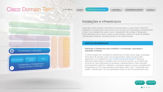 © 2012 Cisco Systems, Inc. Todos os direitos reservados. Este documento contém informações públicas da Cisco. 
Instalações e infraestrutura 
Cada data center começa no domínio de recursos físicos, o que a Cisco chama de 
instalações e infraestrutura. Este domínio inclui recursos de computação, armazenamento 
e rede, e as instalações de apoio, como o equipamento de energia e refrigeração. 
Esses elementos são comuns a todos os data centers e devem ser parte de qualquer 
consideração ambiental, de gerenciamento e de implementação. 
PRÁTICAS RECOMENDADAS 
Padronizar a infraestrutura para simplificar a virtualização, automação e 
operações contínuas. 
A transformação bem sucedida da infraestrutura do data center exige cooperação 
entre ativos de servidor, rede e de armazenamento; estes recursos estão 
disponíveis com a plataforma Cisco Unified Computing System™. Recursos 
altamente padronizados e tratados como um pool de recursos, ao contrário dos 
recursos em silos tradicionais de servidores, armazenamento e rede, permitem 
provisionamento dinâmico. Hardware e servidores podem se tornar completamente 
transparentes ao SO e aos aplicativos executados neles. Essa "computação sem 
estado" permite que o SO e os aplicativos movam-se de um servidor para outro. 
 