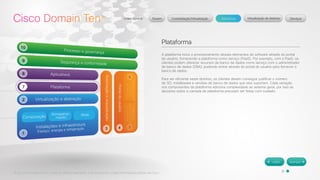 © 2012 Cisco Systems, Inc. Todos os direitos reservados. Este documento contém informações públicas da Cisco. 
Plataforma 
A plataforma inclui o provisionamento desses elementos de software através do portal 
do usuário, fornecendo a plataforma como serviço (PaaS). Por exemplo, com o PaaS, os 
clientes podem oferecer recursos de banco de dados como serviço com o administrador 
de banco de dados (DBA), podendo entrar através do portal do usuário para fornecer o 
banco de dados. 
Para ser eficiente neste domínio, os clientes devem conseguir justificar o número 
de SO, middleware e versões de banco de dados que eles suportam. Cada variação 
nos componentes da plataforma adiciona complexidade ao sistema geral, por isso as 
decisões sobre a camada de plataforma precisam ser feitas com cuidado. 
 