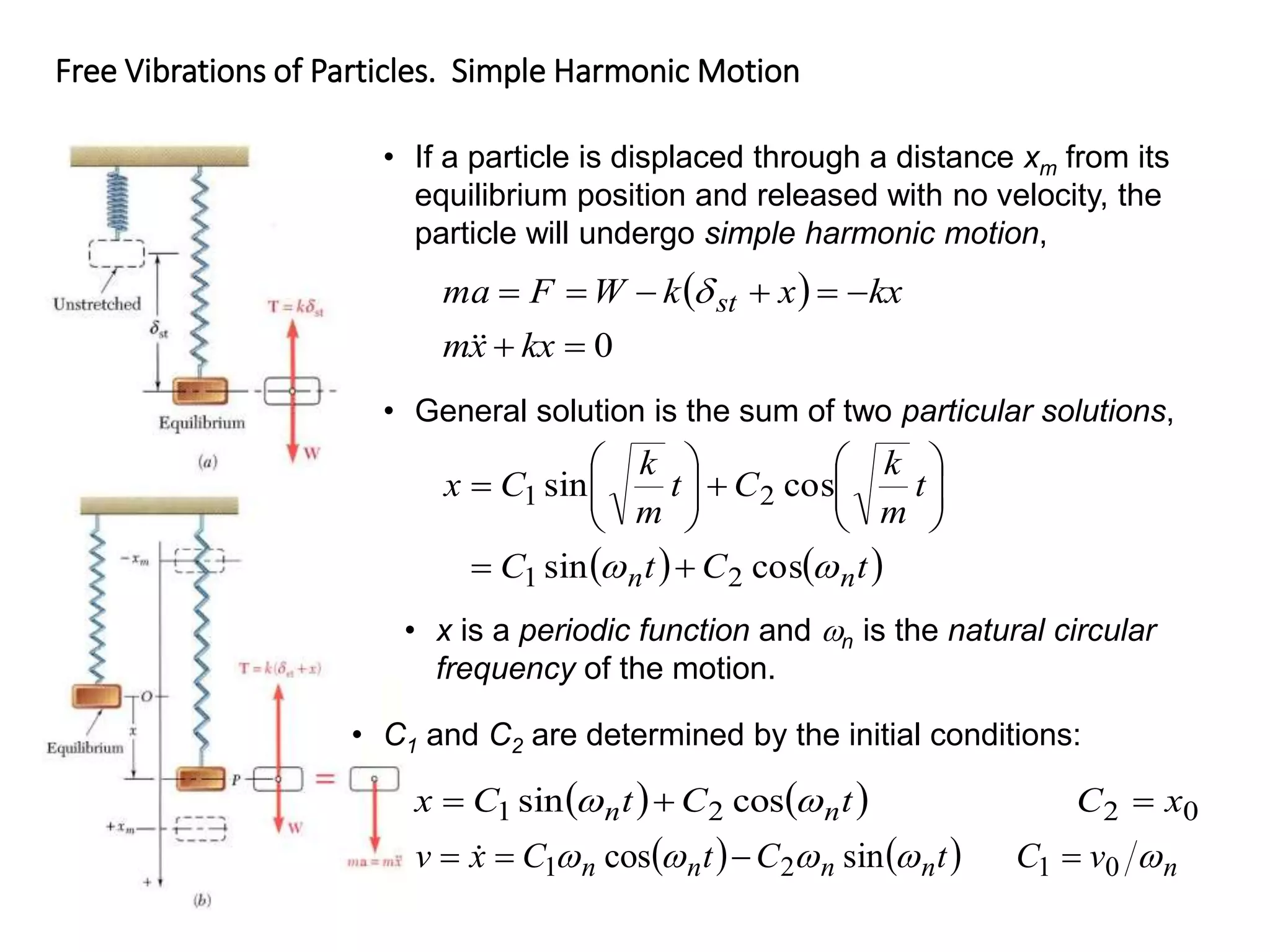 Free Vibrations of Particles. Simple Harmonic Motion
19 - 24
• If a particle is displaced through a distance xm from its
equilibrium position and released with no velocity, the
particle will undergo simple harmonic motion,
 
0








kx
x
m
kx
x
k
W
F
ma st



• General solution is the sum of two particular solutions,
   
t
C
t
C
t
m
k
C
t
m
k
C
x
n
n 
 cos
sin
cos
sin
2
1
2
1




















• x is a periodic function and n is the natural circular
frequency of the motion.
• C1 and C2 are determined by the initial conditions:
   
t
C
t
C
x n
n 
 cos
sin 2
1 
 0
2 x
C 
n
v
C 
0
1 
   
t
C
t
C
x
v n
n
n
n 


 sin
cos 2
1 

 
 
