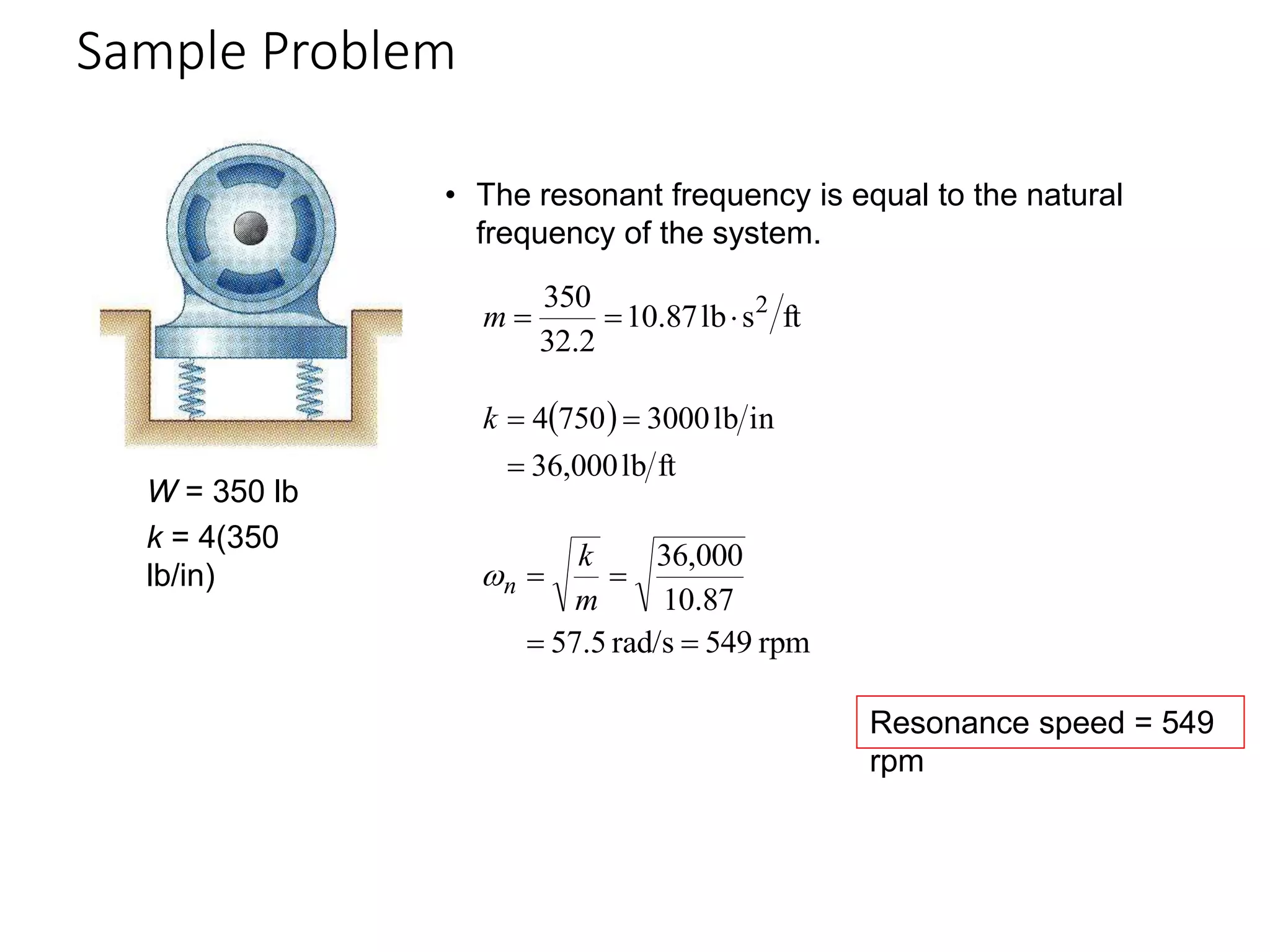 Sample Problem
19 - 35
• The resonant frequency is equal to the natural
frequency of the system.
ft
s
lb
87
.
10
2
.
32
350 2



m
 
ft
lb
000
,
36
in
lb
3000
750
4



k
W = 350 lb
k = 4(350
lb/in)
rpm
549
rad/s
5
.
57
87
.
10
000
,
36




m
k
n

Resonance speed = 549
rpm
 