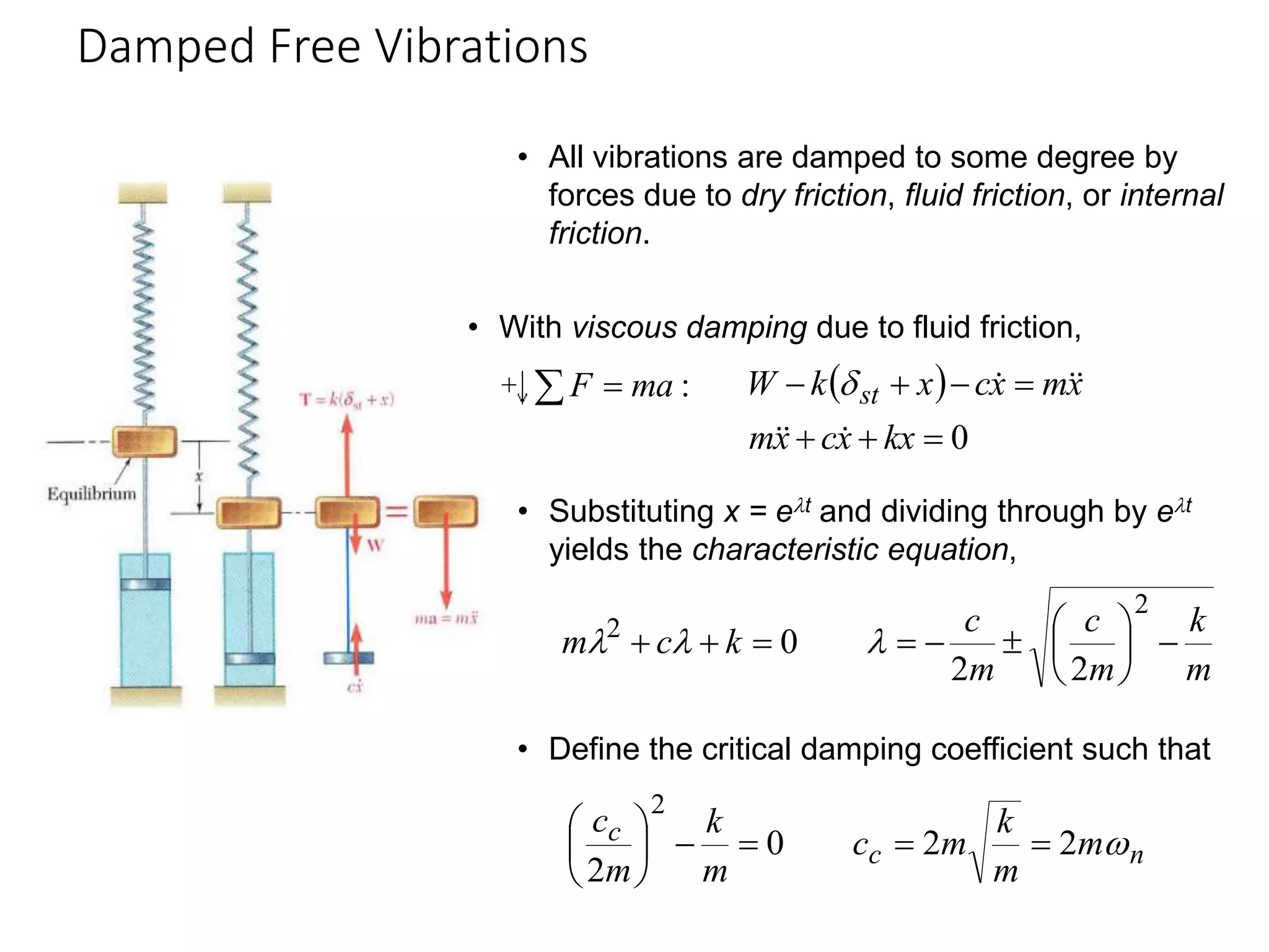 Damped Free Vibrations
19 - 37
• With viscous damping due to fluid friction,
:
ma
F 
  
0







kx
x
c
x
m
x
m
x
c
x
k
W st







• Substituting x = elt and dividing through by elt
yields the characteristic equation,
m
k
m
c
m
c
k
c
m 












2
2
2
2
0 l
l
l
• Define the critical damping coefficient such that
n
c
c m
m
k
m
c
m
k
m
c

2
2
0
2
2










• All vibrations are damped to some degree by
forces due to dry friction, fluid friction, or internal
friction.
 