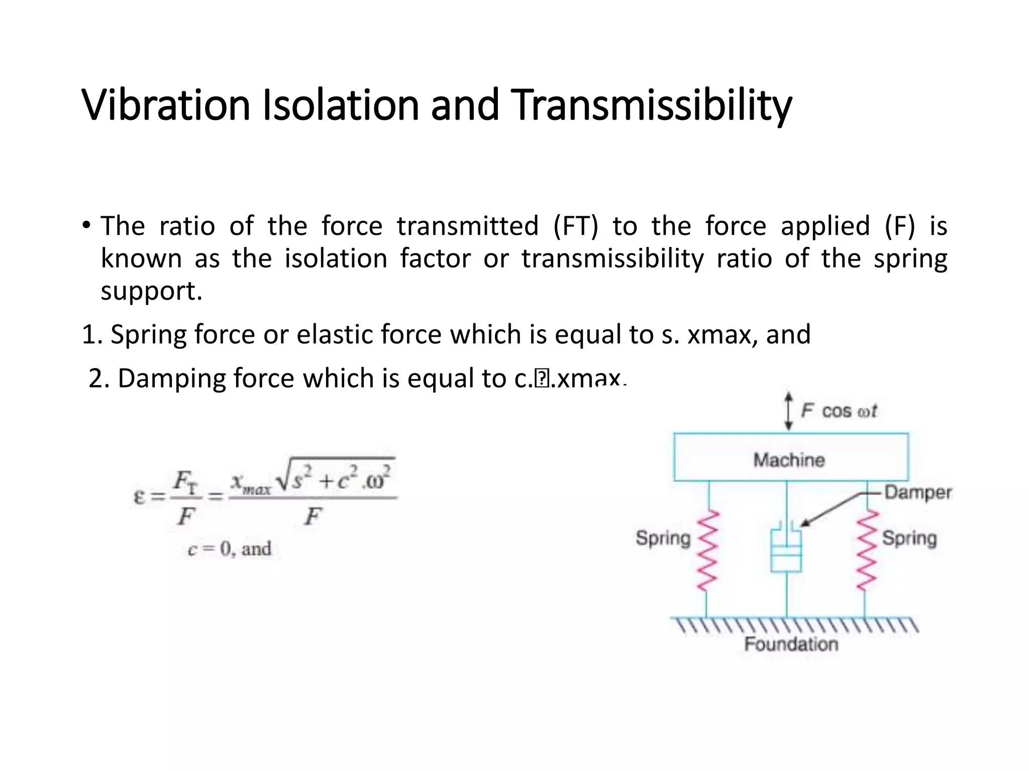 Vibration Isolation and Transmissibility
• The ratio of the force transmitted (FT) to the force applied (F) is
known as the isolation factor or transmissibility ratio of the spring
support.
1. Spring force or elastic force which is equal to s. xmax, and
2. Damping force which is equal to c. .xmax.
 