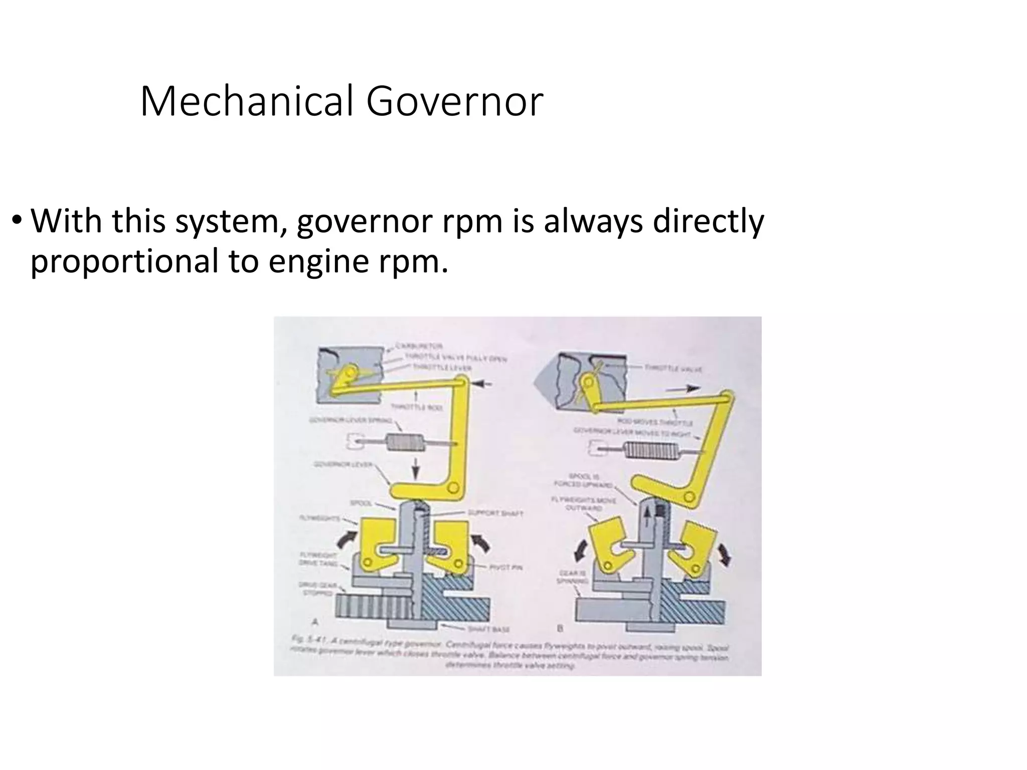 Mechanical Governor
• With this system, governor rpm is always directly
proportional to engine rpm.
 