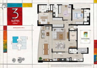129m2*
suítes
APARTAMENTO TIPO 1
Planta tipo 1 do 4º ao 8º pavimento e do 27º ao 31º pavimento(1)
Sugestão de layout e decoração com móveis e objetos não fazendo parte do contrato. Equipamentos e acabamentos conforme memorial descritivo.Vide contrato de compra e venda. A locação
de elementos estruturais pode variar de acordo com as exigências técnicas.As medidas internas podem sofrer variações conforme legislação. *Medida aproximada.Tipo do 4º ao 8º pavto.: área total
do apto. 129,73m2
(considerando laje técnica) + 3,32m2
(escaninho).Tipo do 27º ao 31º pavto.: área total do apto. 126,19m2
(considerando laje técnica) + 3,32m2
(escaninho). (1)A planta do 8º pavto.
apresenta uma diferenciação em relação à varanda da planta dos demais pavimentos. Os apartamentos do 27º ao 31º pavto. não apresentam balcão na suíte 3.
rua26
rua24
rua 13
 