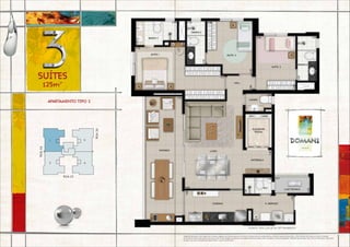 125m2*
suítes
Planta tipo 2 do 9º ao 26º pavimento
APARTAMENTO TIPO 2
Sugestão de layout e decoração com móveis e objetos não fazendo parte do contrato. Equipamentos e acabamentos conforme memorial descritivo.Vide contrato de compra e venda. A locação
de elementos estruturais pode variar de acordo com as exigências técnicas.As medidas internas podem sofrer variações conforme legislação. *Medida aproximada.Tipo do 9º ao 26º pavto.: área total
do apto. 122,17m2
(considerando laje técnica) + 3,32m2
(escaninho).
rua26
rua24
rua 13
 