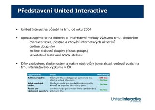 Představení United Interactive


•    United Interactive působí na trhu od roku 2004.

•    Specializujeme se na internet a interaktivní metody výzkumu trhu, především
          charakteristika, postoje a chování internetových uživatelů
          on-line dotazníky
          on-line diskusní skupiny (focus groups)
          uživatelské testování WWW stránek

•    Díky znalostem, zkušenostem a našim nástrojům jsme získali vedoucí pozici na
     trhu internetového výzkumu v ČR.
 