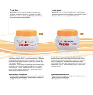 Апи-Бюст
В составе: пыльца цветочная (обножка), мёд нату-
ральный, экстракт прополиса, пчелиная настойка
(содержит пчелиный яд в микродозах), воск пчелиный,
экстракт хрена, сосновая живица
Апи-крем
В составе: пыльца цветочная (обножка), мёд натураль-
ный, пчелиная настойка (содержит пчелиный яд в микро-
дозах), воск пчелиный, экстракт прополиса
Массаж биологически активных точек с «Апи-кремом» по-
может справиться с головной болью, вызванной сосуди-
стым спазмом, восстановить силы и жизненную энергию
после трудового дня. Регулярное применение крема
способствует быстрой адаптации организма к постоянным
изменениям погоды, поможет перестроиться при смене
часовых поясов.
Кожа шеи и области декольте значительно нежнее других
участков тела и нуждается в специальном уходе. Пчелиный
воск, экстракт хрена и сосновая живица смягчают кожу,
питают ее и обновляют, защищая от вредных воздействий
окружающей среды.
Компоненты, входящие в состав крема, способствуют улуч-
шению местного кровообращения, укреплению тканей
зоны декольте и груди, предотвращают риск возникно-
вения воспалительных процессов, а также «растяжек» в
период грудного вскармливания.
45 г 45 г
Потенциальные потребители:
Женщины, регулярно ухаживающие за кожей зоны декольте.
Женщины, находящиеся в восстановительном периоде по-
сле беременности и лактации.
Потенциальные потребители:
Взрослые и дети с сердечно-сосудистыми заболеваниями и
вегето-сосудистой дистонией.
Метеочувствительные люди.
 