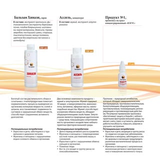 Ассиль, концентрат
В составе: мумиё, экстракт элеуте-
рококка
Два основных компонента продукта –
мумиё и элеутерококк. Мумиё содержит
30 макро- и микроэлементов, аминокис-
лоты, витамины, эфирные масла, смоло-
подобные вещества. Мумиё способствует
ускорению обмена веществ, обладает
общеукрепляющими свойствами. Элеуте-
рококк является природным адаптогеном
– средством, повышающим сопротивляе-
мость организма к воздействию неблаго-
приятных факторов внешней среды.
Бальзам Хинази, сироп
В составе: экстракт прополиса, фи-
токомпонент (экстракты березовых
почек, плодов боярышника, шиповни-
ка, корня валерианы, девясила, травы
зверобоя, пастушьей сумки, спорыша,
тысячелистника, хвоща полевого,
цветков бессмертника песчаного и
календулы)
Богатый состав растительного сбора в
сочетании с пчелопродуктами помогает
нормализовать процессы выведения из
организма излишков жидкости, солей и
шлаков, восстанавливает подвижность
суставов и нарушенный обмен веществ,
способствует сохранению активного
долголетия.
Потенциальные потребители:
Взрослые и дети, заботящиеся о пра-
вильном и здоровом питании.
Мужчины и женщины с нарушениями
водно-солевого обмена в организме.
100 мл
200 мл
Продукт №1,
прополиса экстракт
концентрированный «ПЭГУС»
Прополис – природный антибиотик,
который обладает иммунологическим,
бактерицидным, противовоспалительным,
болеутоляющим, общеукрепляющим,
противолучевым, тонизирующим, регене-
рирующим и противовирусным действи-
ем. Регулярное применение прополиса
обеспечивает защиту в борьбе с неблаго-
приятными факторами внешней среды, по-
могает снять стресс и усталость, увеличить
работоспособность, повысить энергию и
улучшить настроение.
15 мл
Потенциальные потребители:
Взрослые и дети, входящие в группу риска
по сердечно-сосудистым заболеваниям.
Мужчины и женщины, заботящиеся о сво-
ём здоровье и желающие предупредить
различные воспалительные процессы в
организме.
Мужчины и женщины с напряженным
жизненным ритмом и заинтересован-
ные в повышении жизненного тонуса.
Потенциальные потребители:
Дети в период активного роста и развития.
Мужчины и женщины с повреждениями
костной ткани, растяжением мышц и
сухожилий.
Взрослые и дети с нарушениями обмена
кальция в организме.
Пожилые люди.
Все те, кто входит в группу риска по
онкозаболеваниям.
 