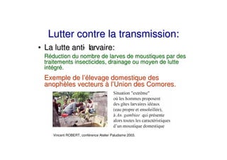 Lutter contre la transmission:
• La lutte anti larvaire:
              -
  Réduction du nombre de larves de moustiques par des
  traitements insecticides, drainage ou moyen de lutte
  intégré.
  Exemple de l’élevage domestique des
  anophèles vecteurs à l’Union des Comores.




     Vincent ROBERT, conférence Atelier Paludisme 2003.
 