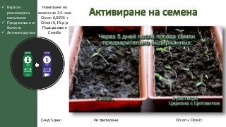 ..
Накисване на
семена за 2-4 часа
Circon 0,025% +
Citovit 0,1% р-р
Подсушаване
Сеитба
Не третирани Circon + CitovitСлед 5...