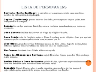 LISTA DE PERSONAGENS
Bentinho (Bento Santiago): o narrador-personagem que conta suas memórias,
membro da elite carioca do século XIX.
Capitu (Capitolina): grande amor de Bentinho, personagem de origem pobre, mas
independente e avançada.
Escobar: o melhor amigo de Bentinho, a quem conheceu quando estudaram juntos no
seminário.
Dona Sancha: mulher de Escobar, ex-colega de colégio de Capitu.
Dona Glória: mãe de Bentinho, adora o filho e é também muito religiosa. Quer que o garoto
se ordene padre como cumprimento de uma promessa que fez.
José Dias: agregado que vive de favores na casa de dona Glória. Suposto médico, tem o
hábito de agradar aos proprietários da casa com o uso de superlativos.
Tio Cosme: irmão de dona Glória, viúvo e advogado.
Pedro de Albuquerque Santiago: pai de Bentinho, faleceu quando o filho ainda era
muito pequeno.
Senhor Pádua e Dona Fortunata: pais de Capitu, que viam no possível casamento da
filha com Bentinho uma possibilidade de ascensão social.
Ezequiel: filho de Capitu, sobre o qual o narrador sustenta forte dúvida quanto à
paternidade, pois o garoto tinha grande semelhança física com Escobar
 
