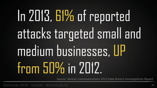 In 2013, 61% of reported
attacks targeted small and
medium businesses, UP
from 50% in 2012.
15DomCode	2016	-	Utrecht	-	#DomCode16
Source:	Verizon	Communications	2013	Data	Breach	Investigations	Report	
 