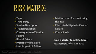 RISK MATRIX:
46DomCode	2016	-	Utrecht	-	#DomCode16
• Type	
• Third-Party	
• Service	Description	
• Triggering	Action	
• Consequence	of	Service	
Failure	
• Risk	of	Failure	
• Probability	of	Failure	
• User	Impact	of	Failure	
• Method	used	for	monitoring	
this	risk	
• Efforts	to	Mitigate	in	Case	of	
Failure	
• Contact	info
Grab	a	starter	template	here!		
http://snipe.ly/risk_matrix	
 